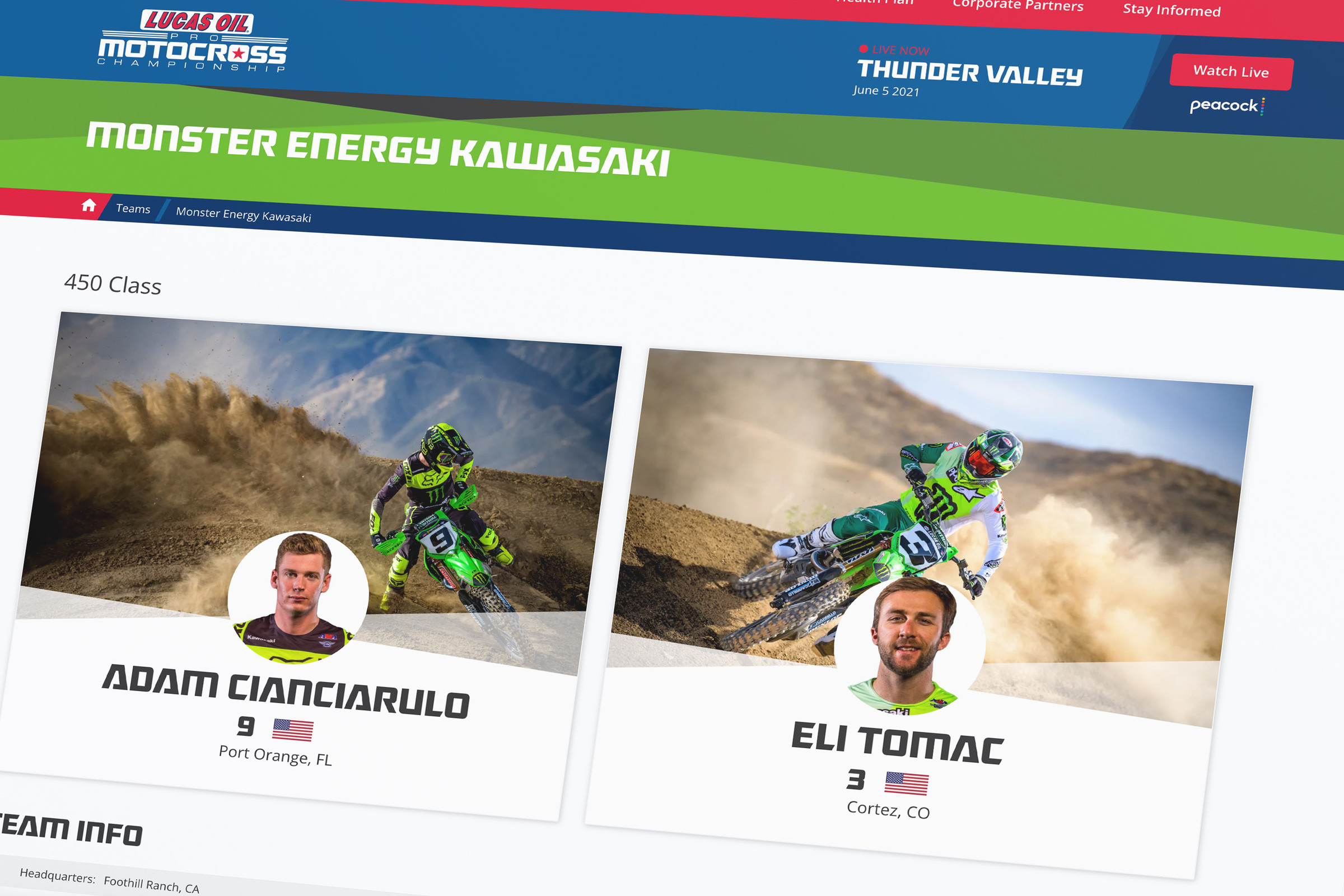 Teams pages showcase information on the different teams and riders.