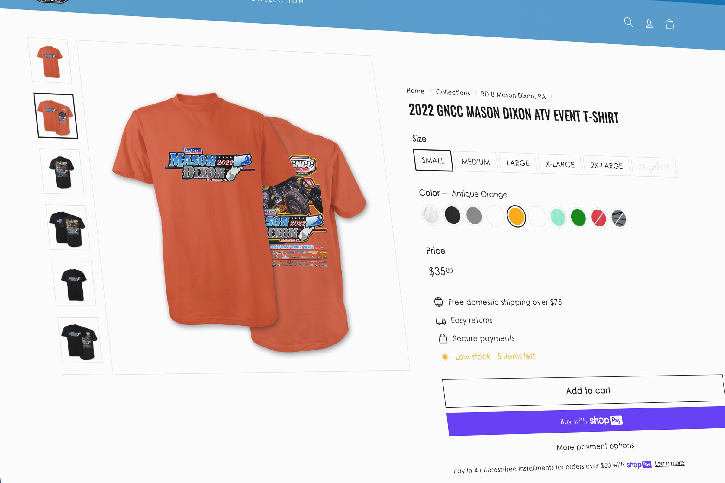 Simplified product view with multiple options for colour and size.