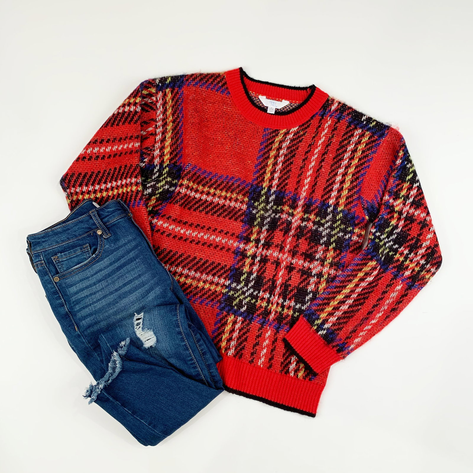 Time and Tru Brushed Plaid Pullover and Sofia Vergara Mid Rise Ankle Jeans