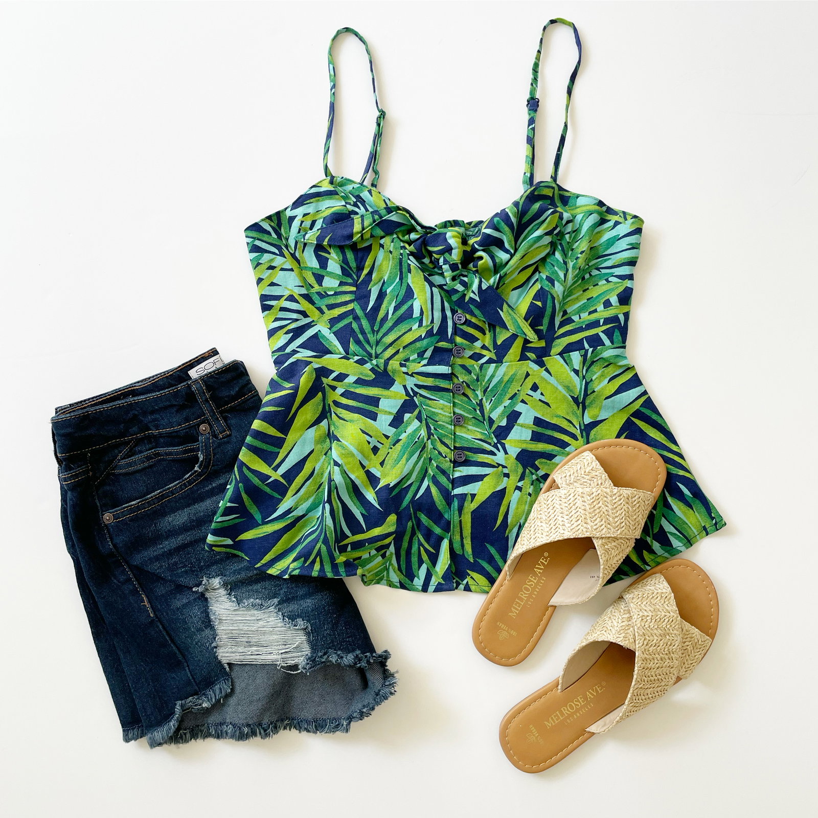 Sofia Vergara Knot Front Peplum Top and Shorts + Melrose Ave Raffia Sandals