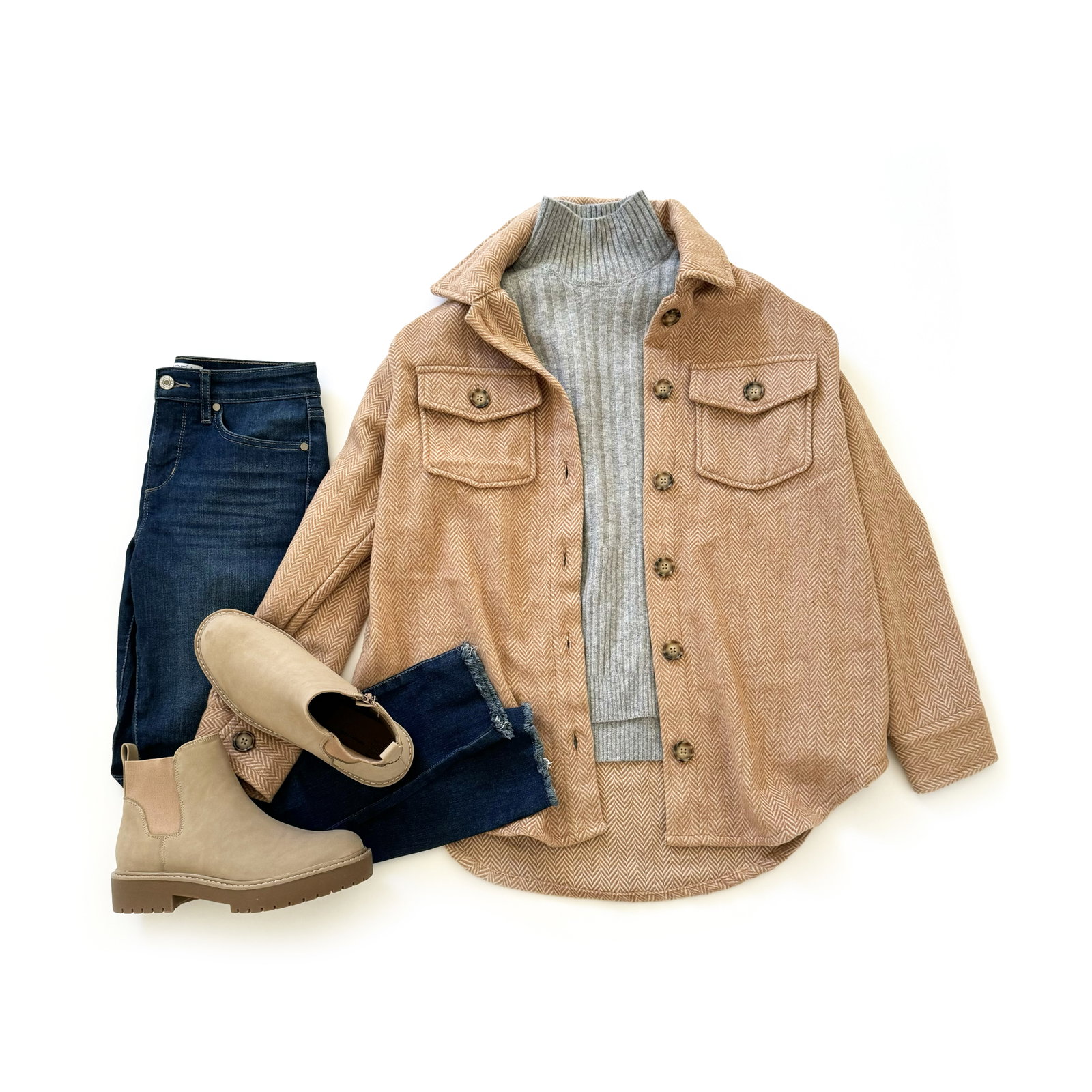 Time and Tru Brushed Herringbone Shacket, Mock Neck Sweater, Sofia Vergara Jeans and Chelsea Boots