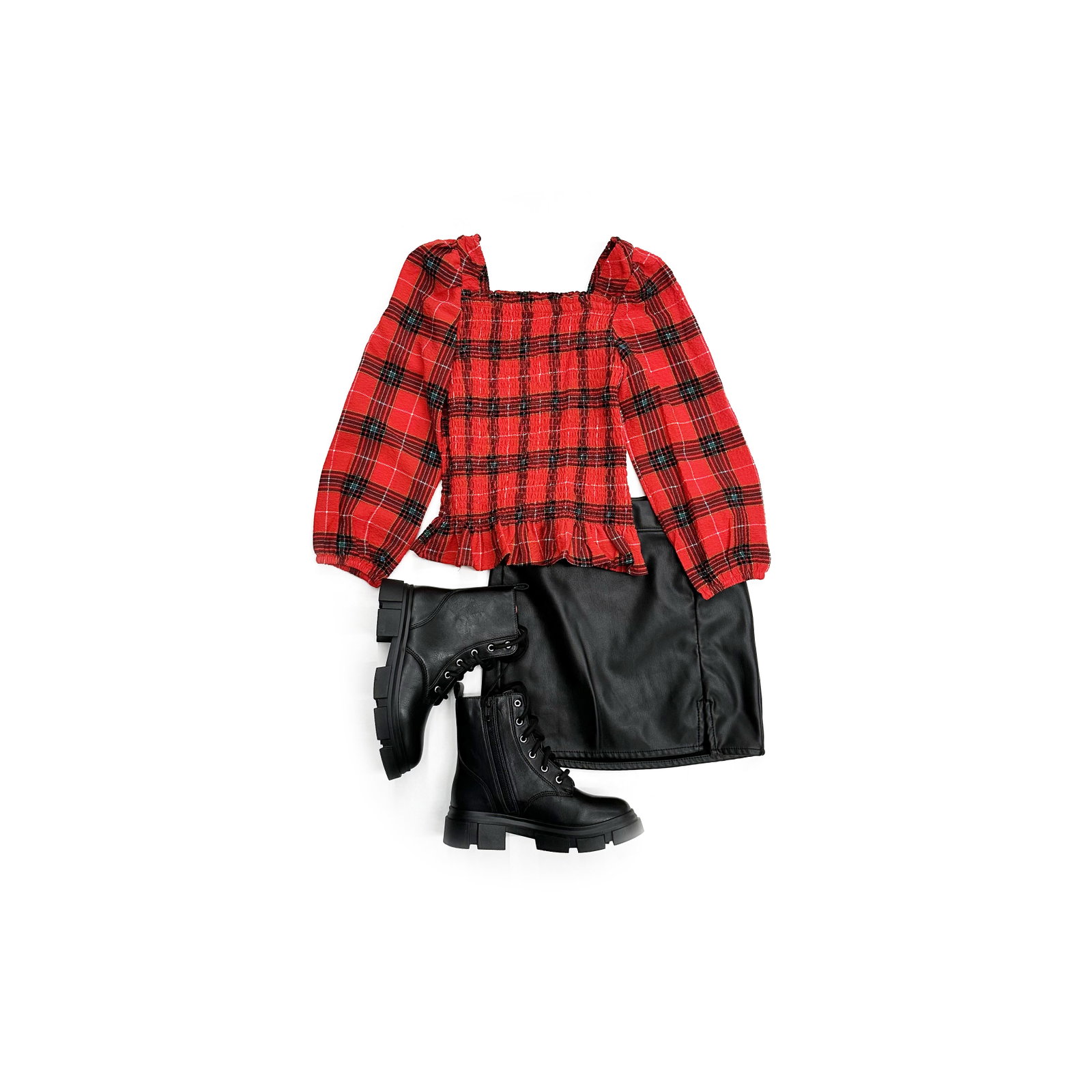 Wonder Nation Girls LS Smocked Top, Tulle Polka Dot Top, Pleather Skirt, Lug Sole Combat Boot