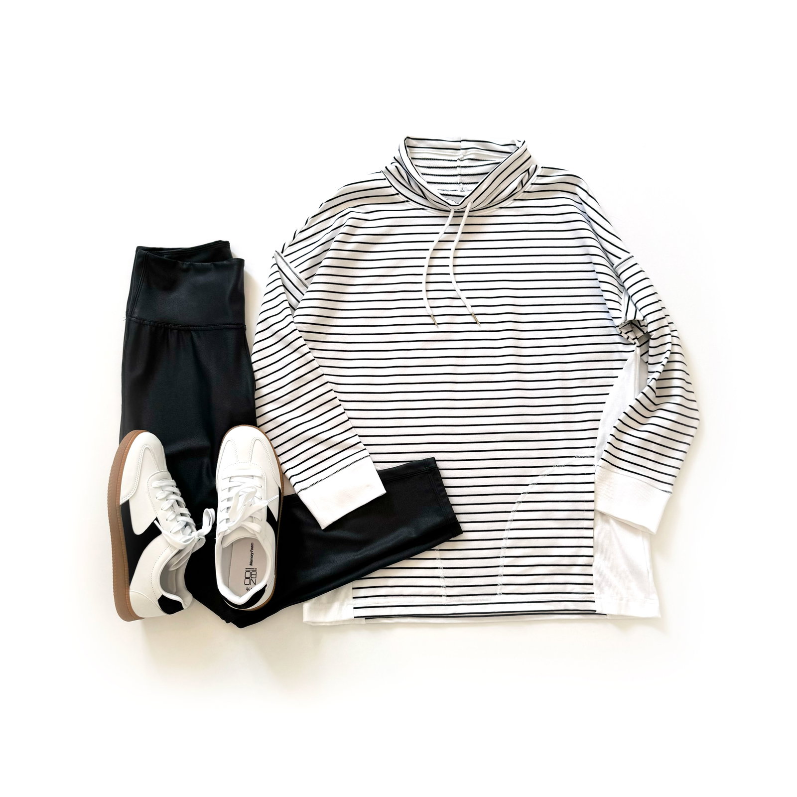 Time and Tru Cowl Neck Tunic Sweatshirt, Faux Leather Leggings and No Boundaries Sport Sneakers