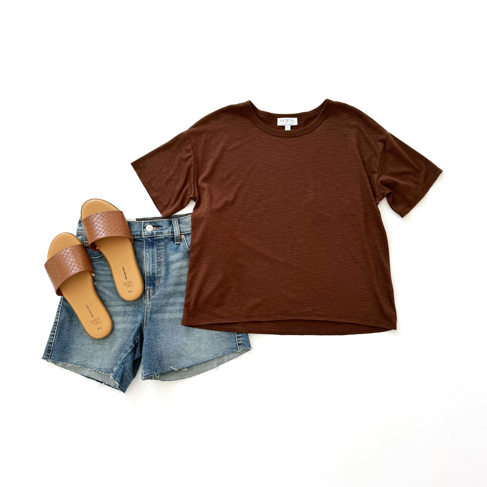 Sofia Tee, Signature High Rise Shorts and Time and Tru Woven Sandals