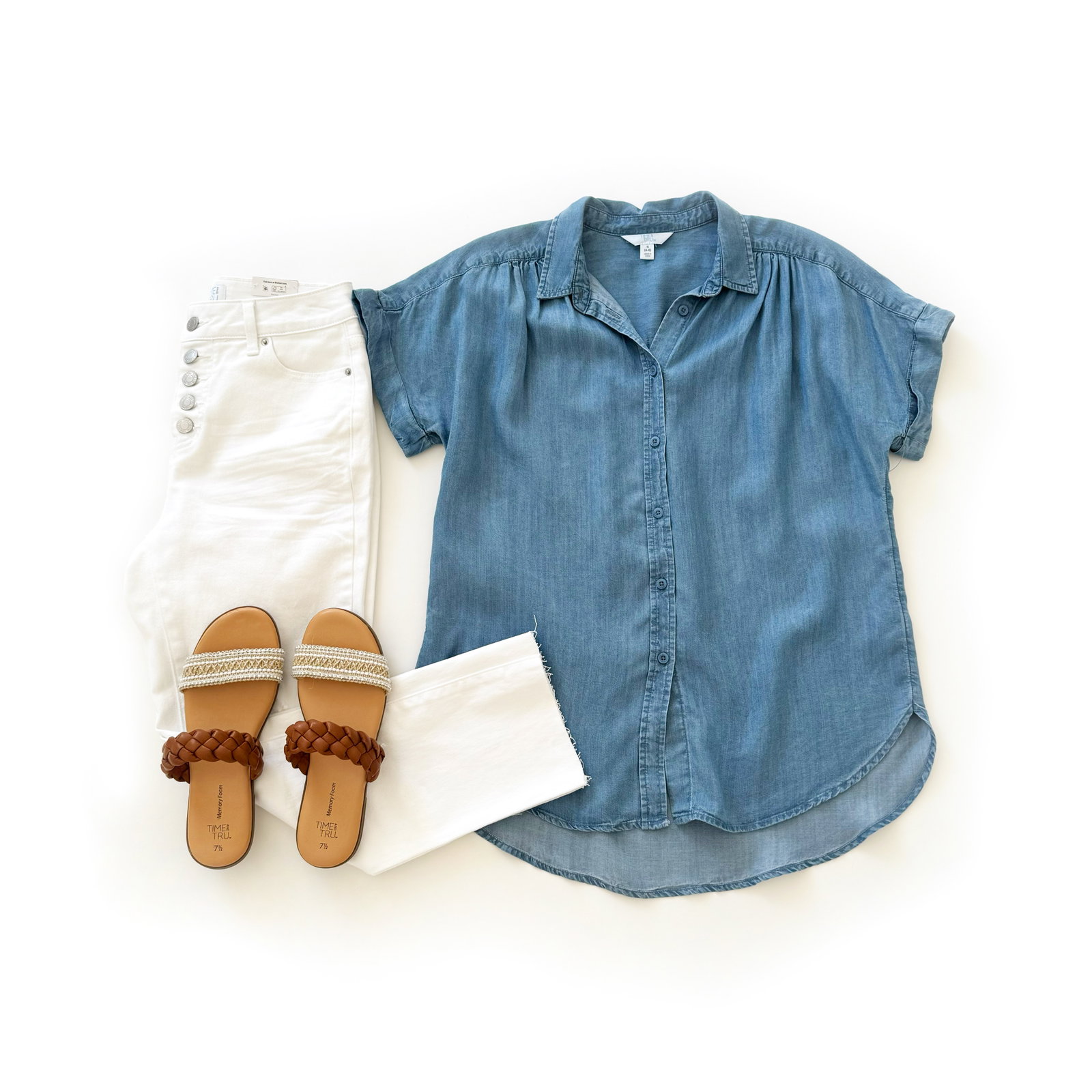 Time and Tru Button Down Camp Shirt, Hight Rise Jeans, Slide Sandals and Beach Tote