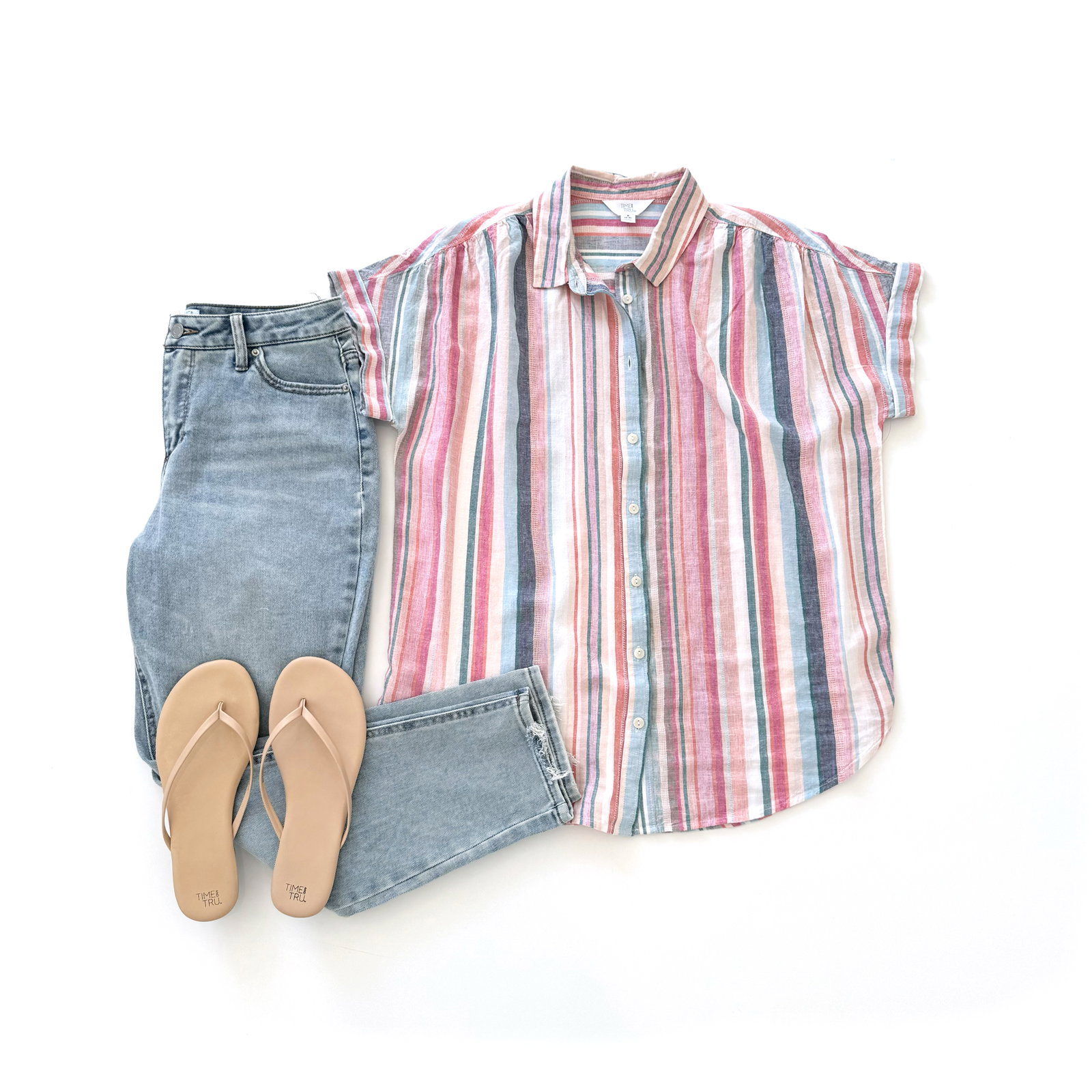 Time and Tru Linen Blend Shirt with Roll Cuff Sleeves, Mom Jeans and Barely There Sandals