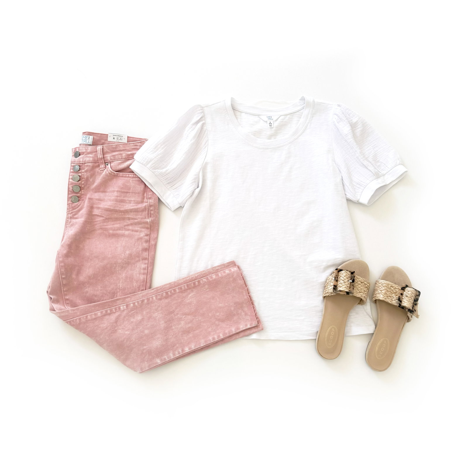 Time and Tru Puff Sleeve Top, High Rise Jeans and Scoop Buckle Slides