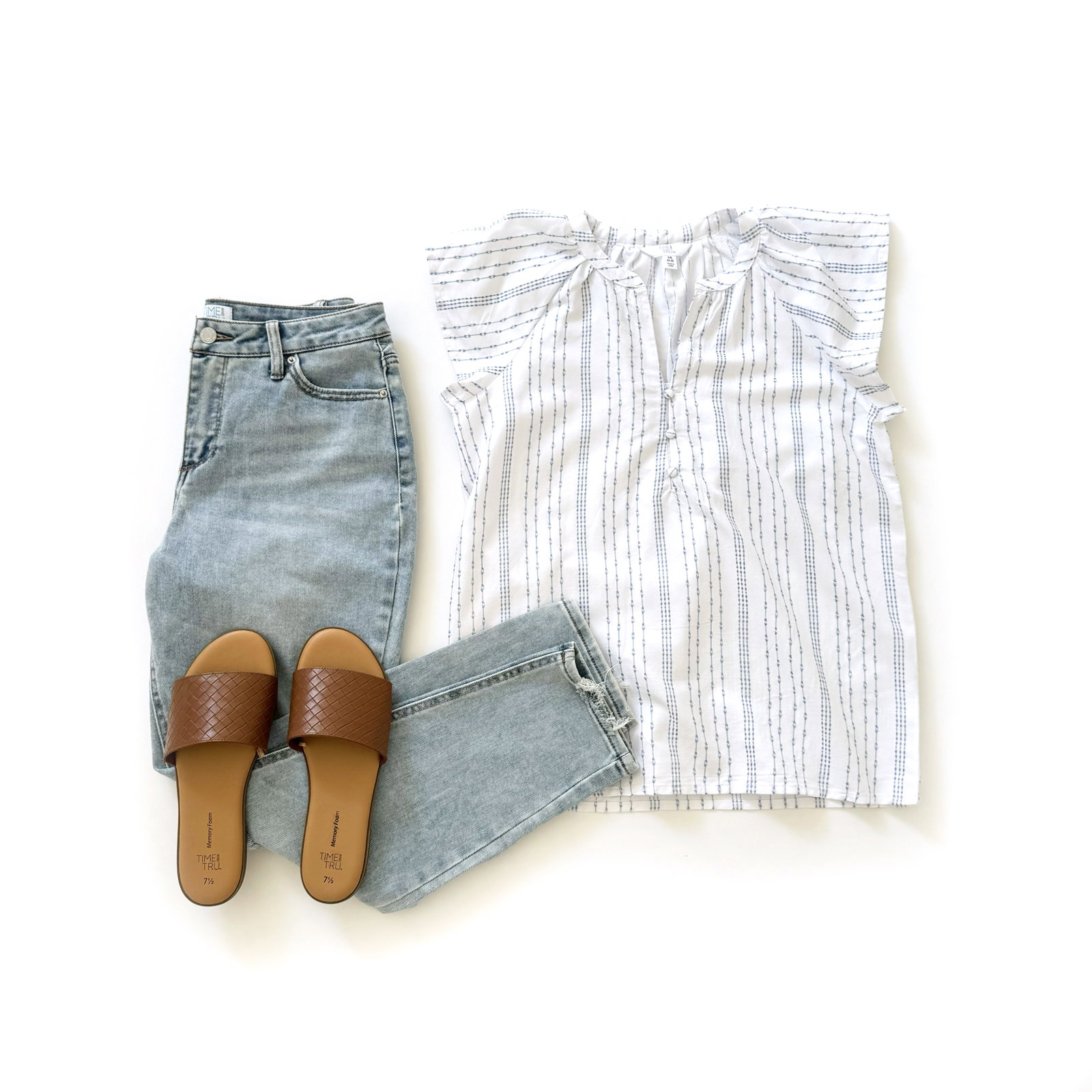 Time and Tru Split Neck Top with Flutter Sleeves, High Rise Mom Jeans and Woven Slides