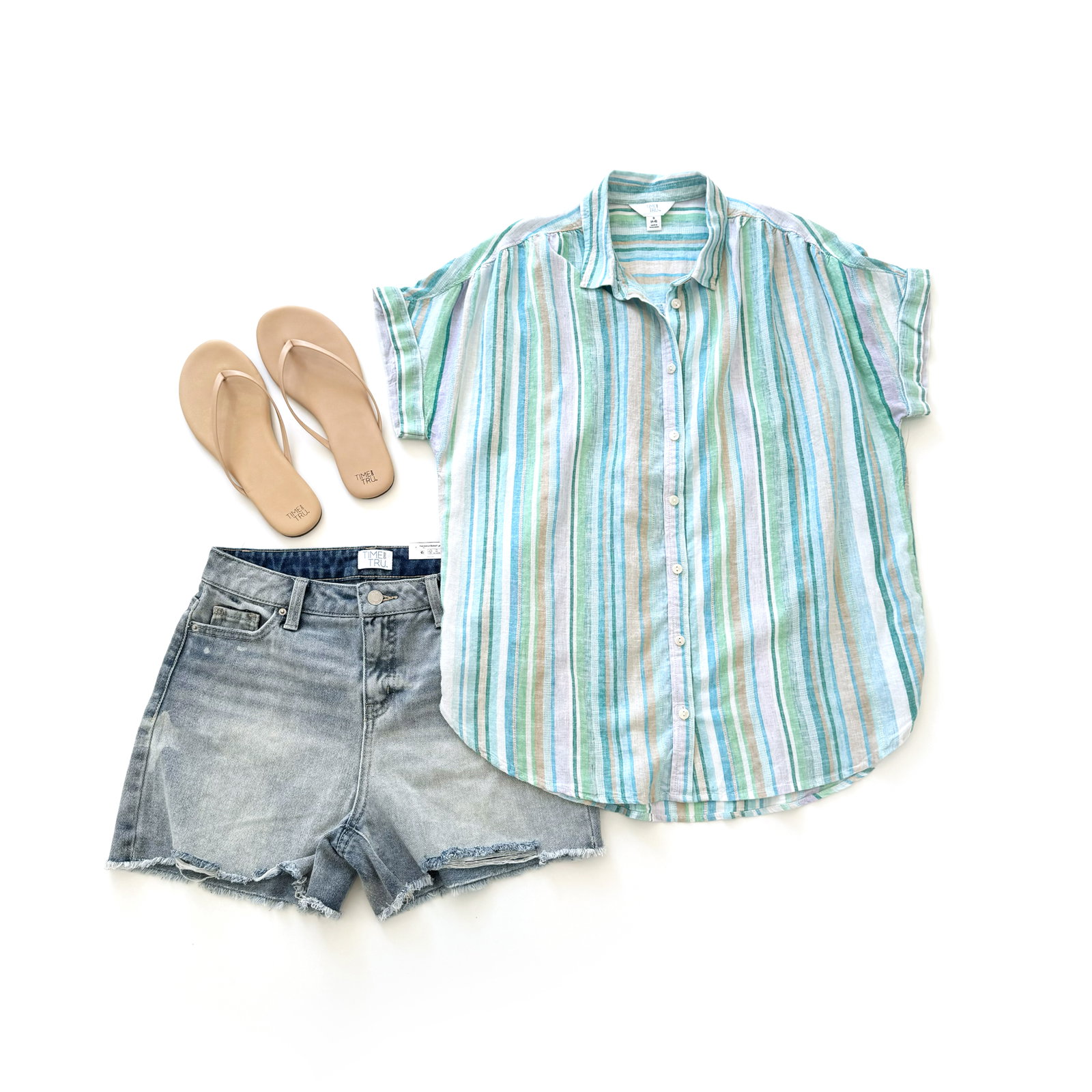Time and Tru Linen Blend Shirt, Denim Shorts and Barely There Sandals