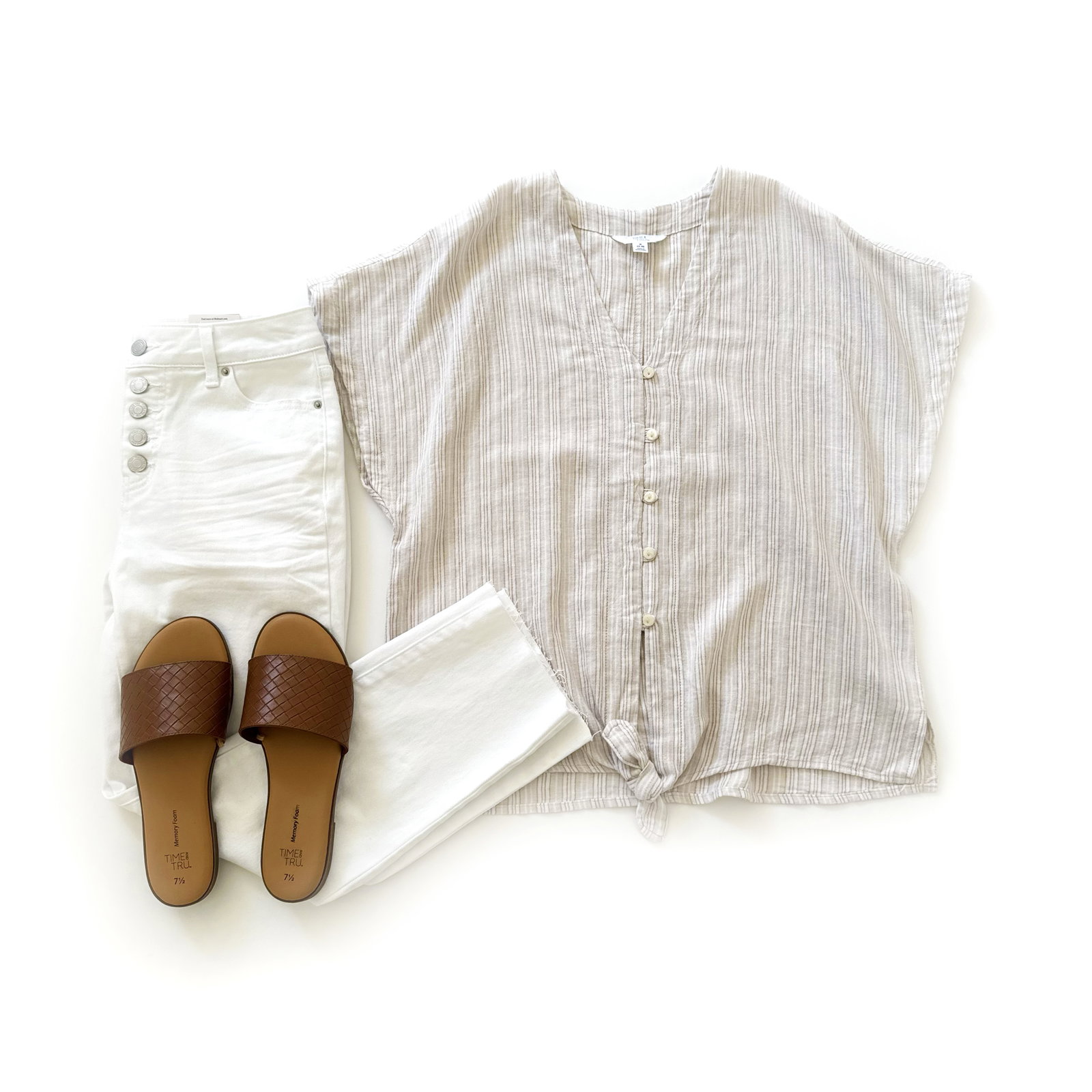 Time and Tru Linen Blend Tie Front Top, High Rise Jeans and Slide Sandals