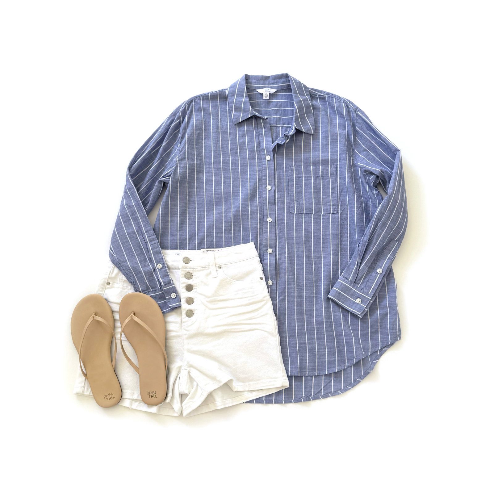 Time and Tru Oversized Button Front Shirt and Button Fly White Denim Shorts