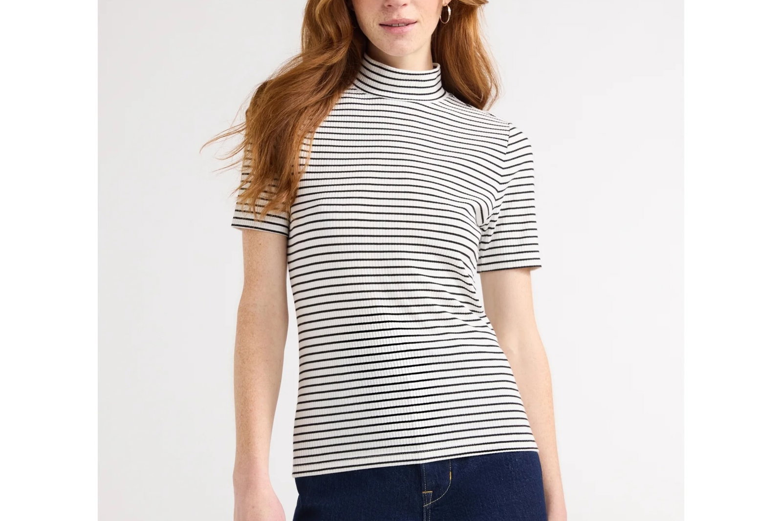 Free Assembly Women's Ribbed Mock Neck Top with Short Sleeves, Sizes XS-XXL