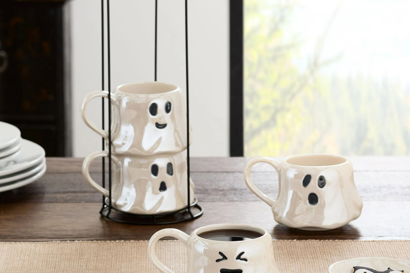 Halloween 13-Ounce White Ghost Stoneware Stackable Mug Set with Iron Rack, by Way To Celebrate