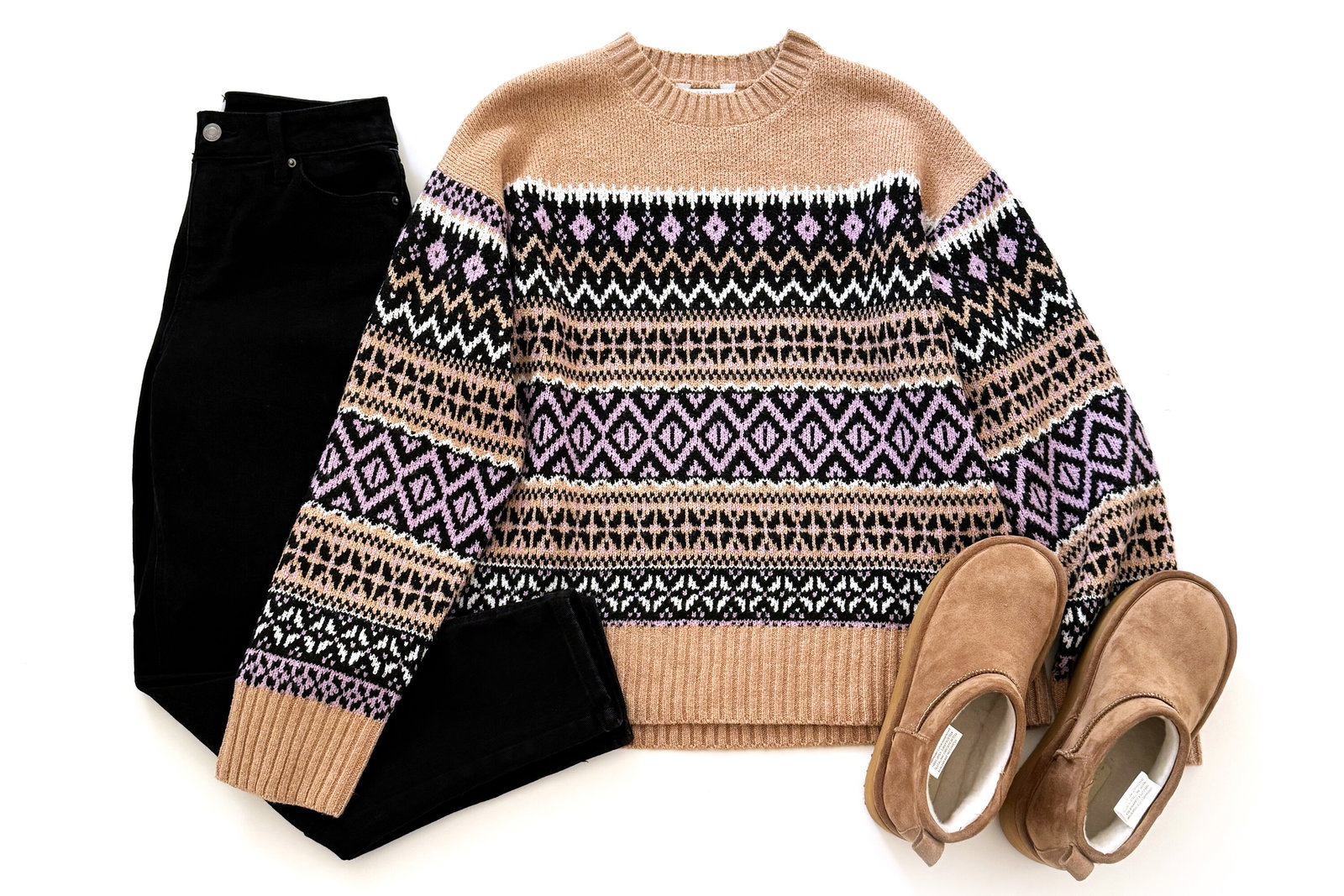 Time and Tru Fair Isle Pullover Sweater, High Rise Mom Jeans and Suede Cozy Boots