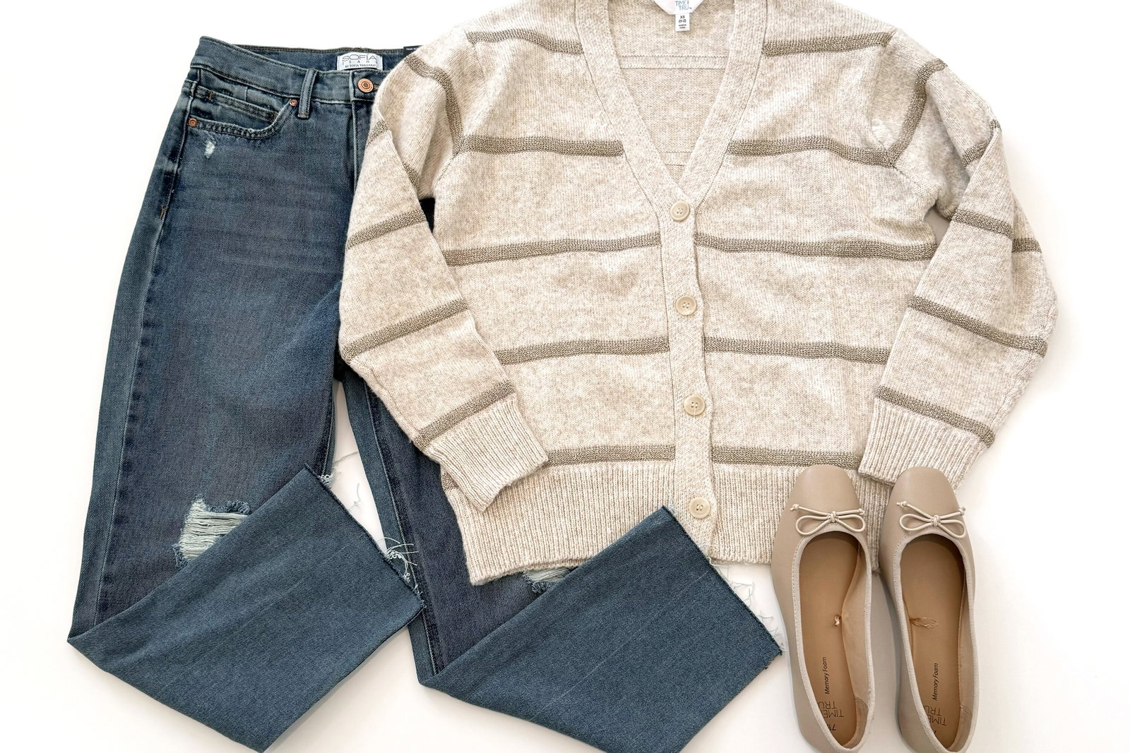 Time and Tru Metallic Striped Cardigan, Sofia Jeans, and Ballet Flats