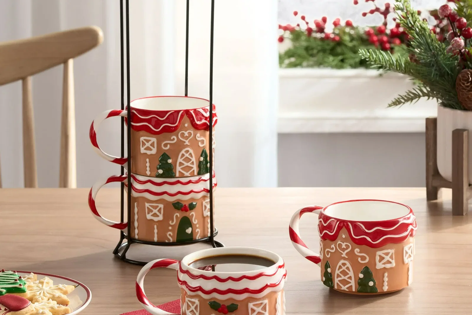 Holiday Time 12oz Glazed Stoneware Ceramic Stacking Mug Set with Metal Rack