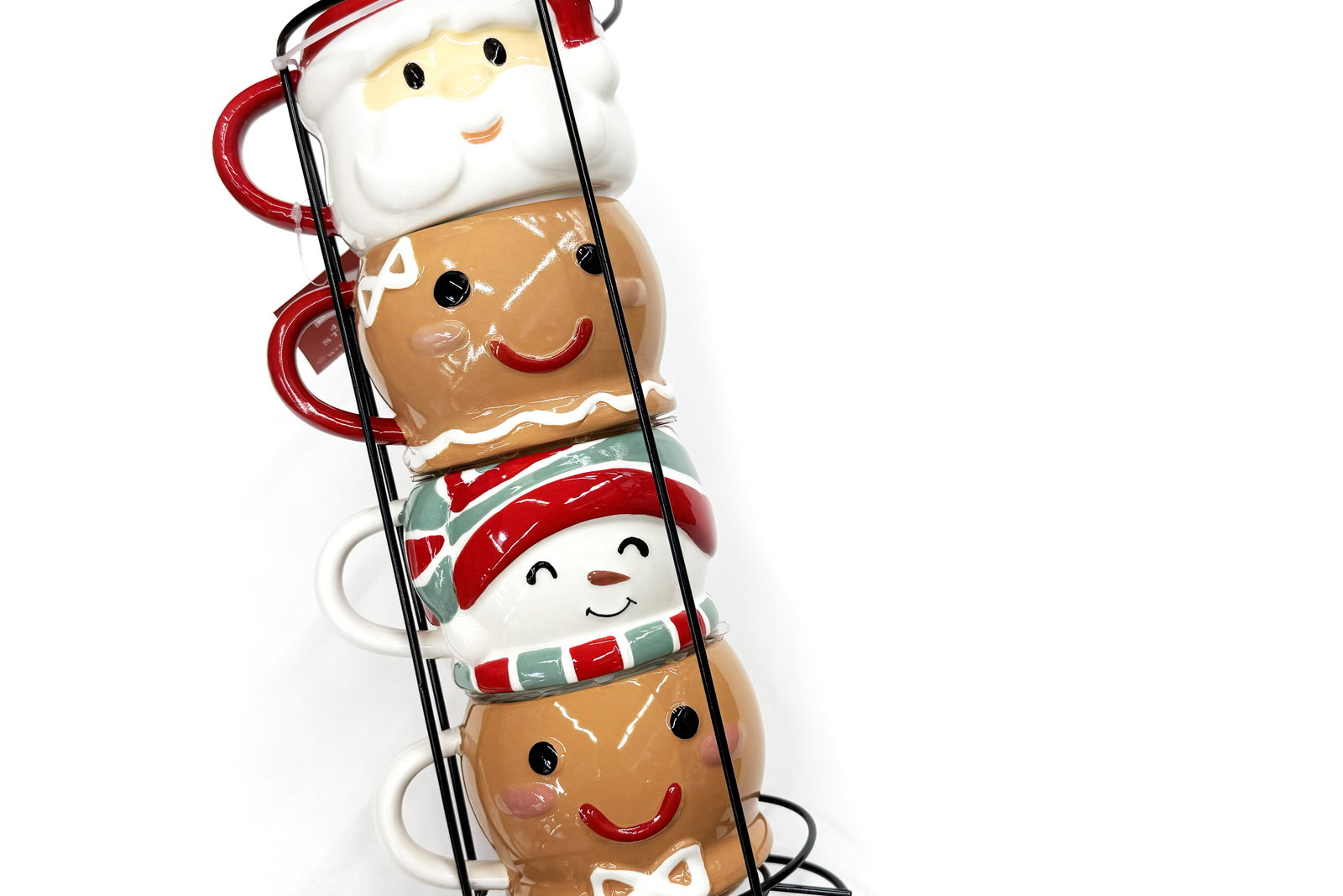 Holiday Time Ceramic Stacking Mug Set with Metal Rack