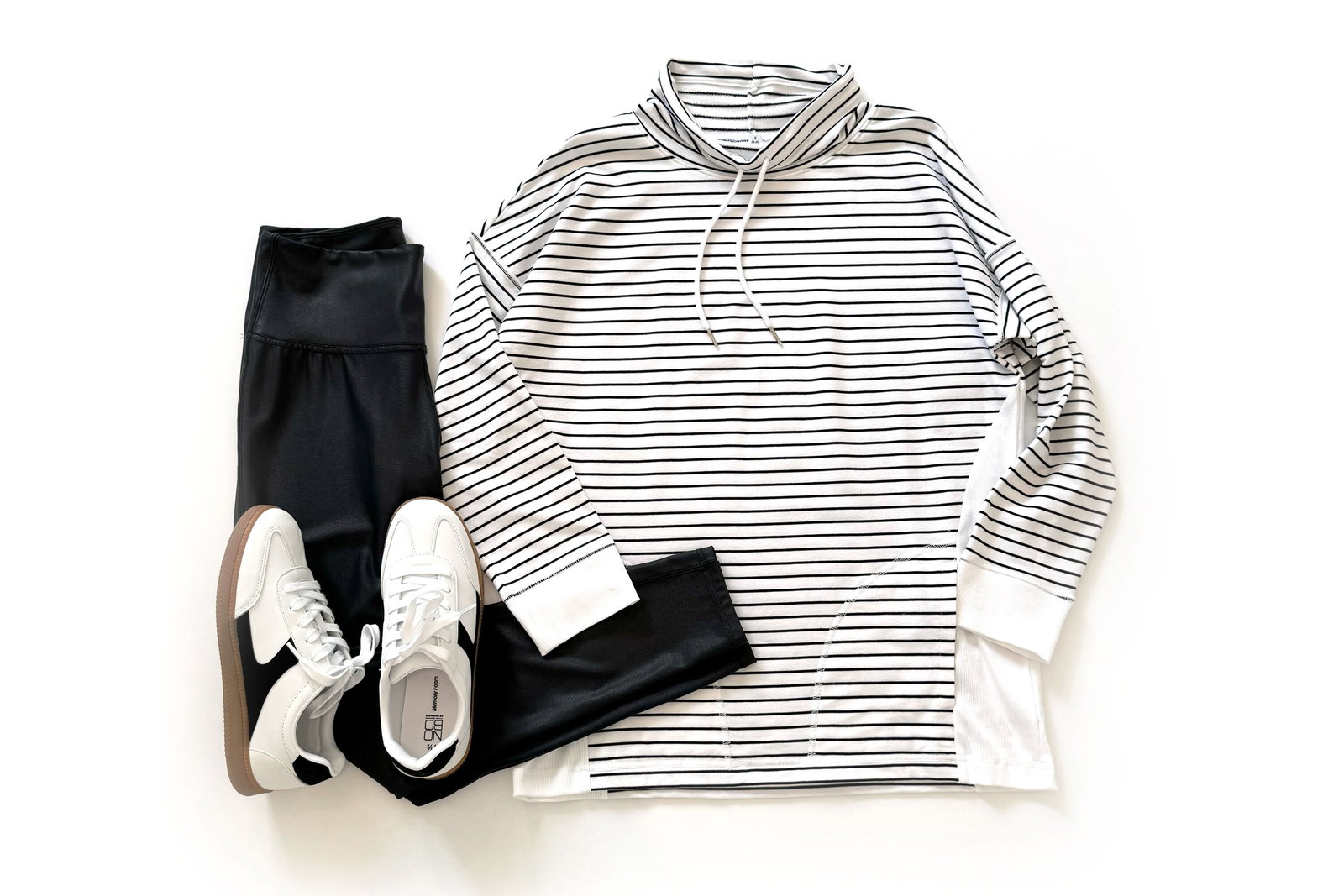Time and Tru Cowl Neck Tunic Sweatshirt, Faux Leather Leggings, & Sneakers