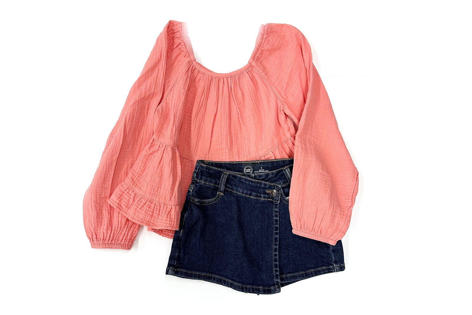 Wonder Nation Girls Cotton Tiered Woven Blouse & Denim Skort