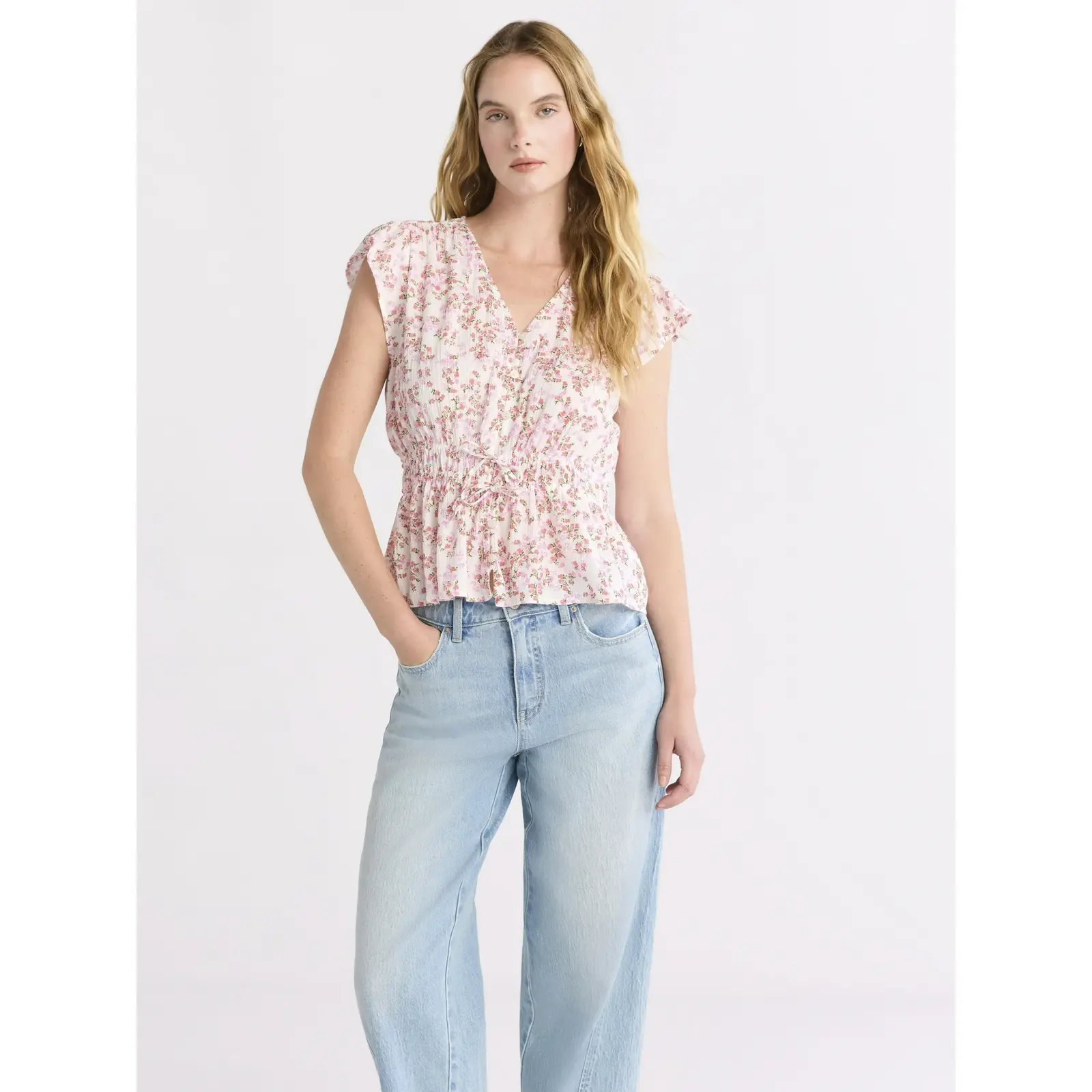 Time And Tru Peplum Top with Flutter Sleeves