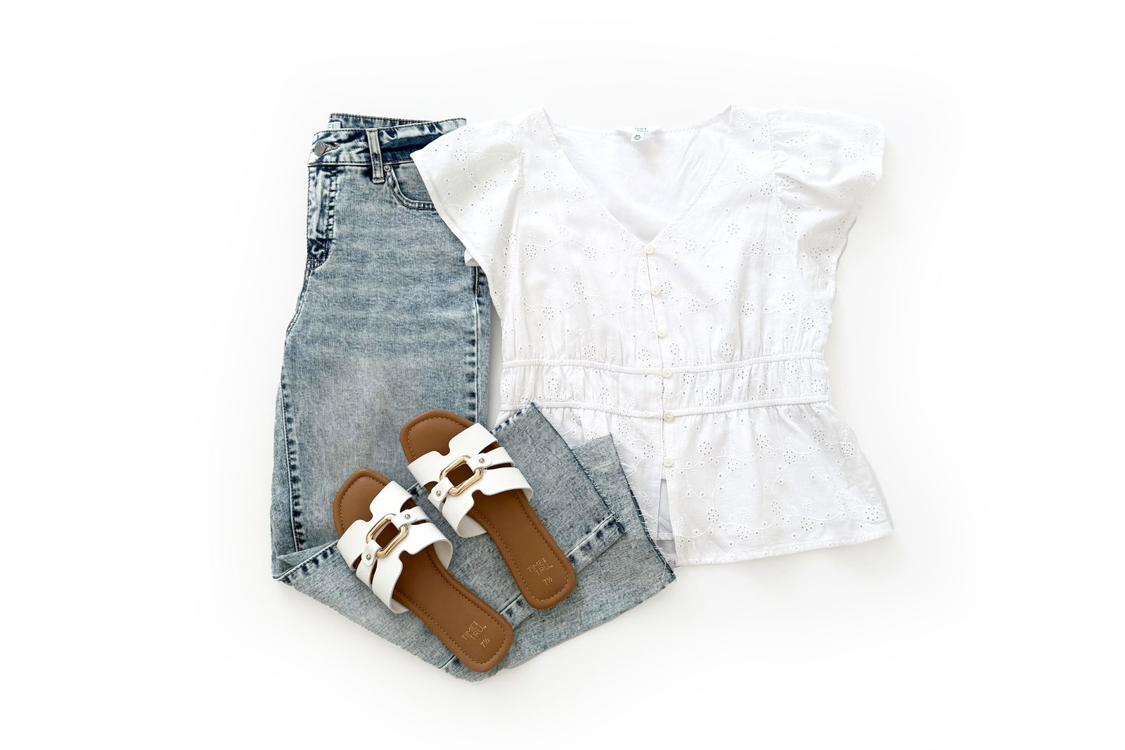 Time and Tru Eyelet Peplum Top Outfit Idea