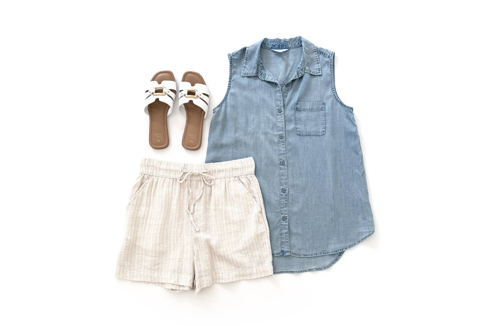 Time & Tru Sleeveless Button Down Shirt & Linen Blend Short Outfit