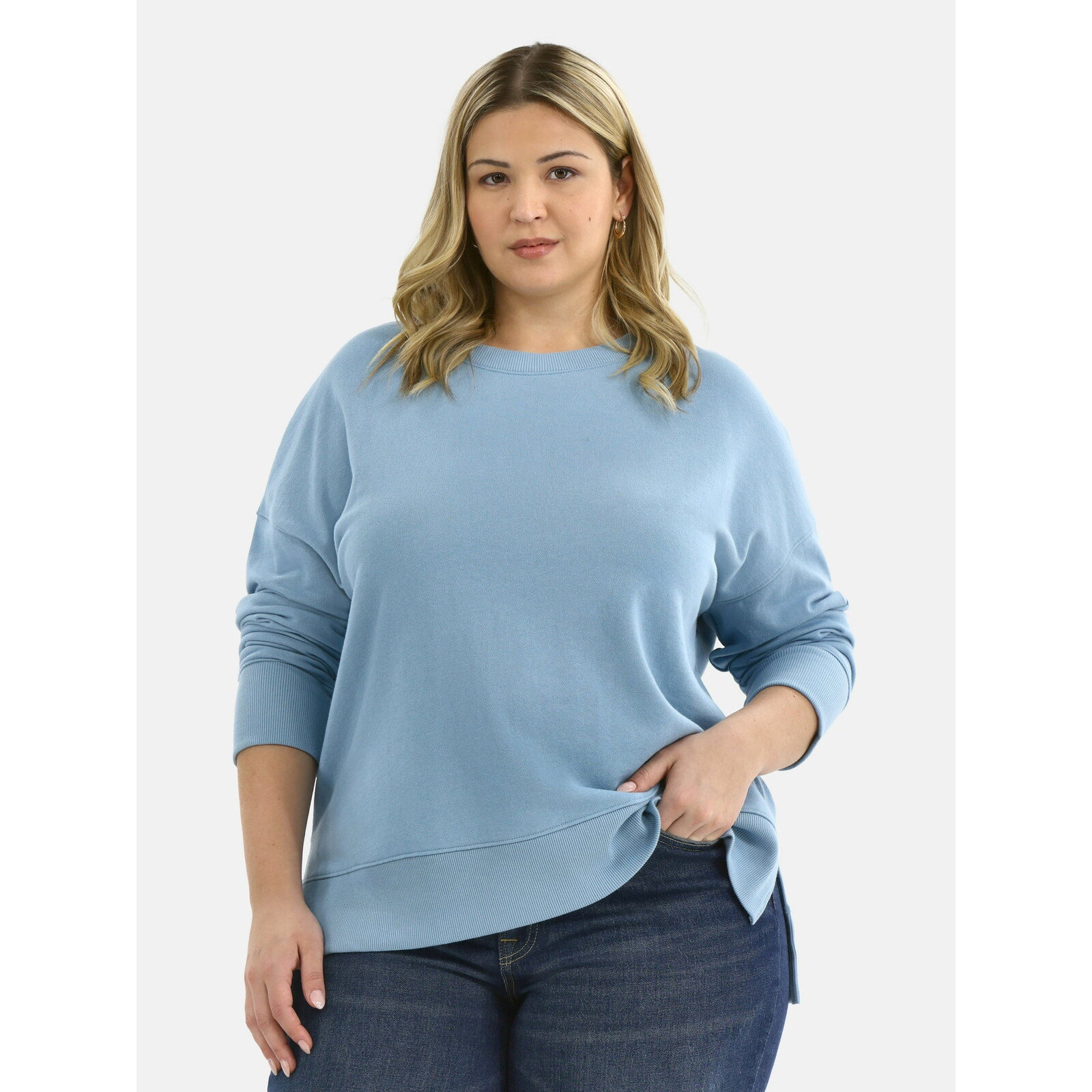 Time and Tru Crewneck Sweatshirt with High-Low Hem
