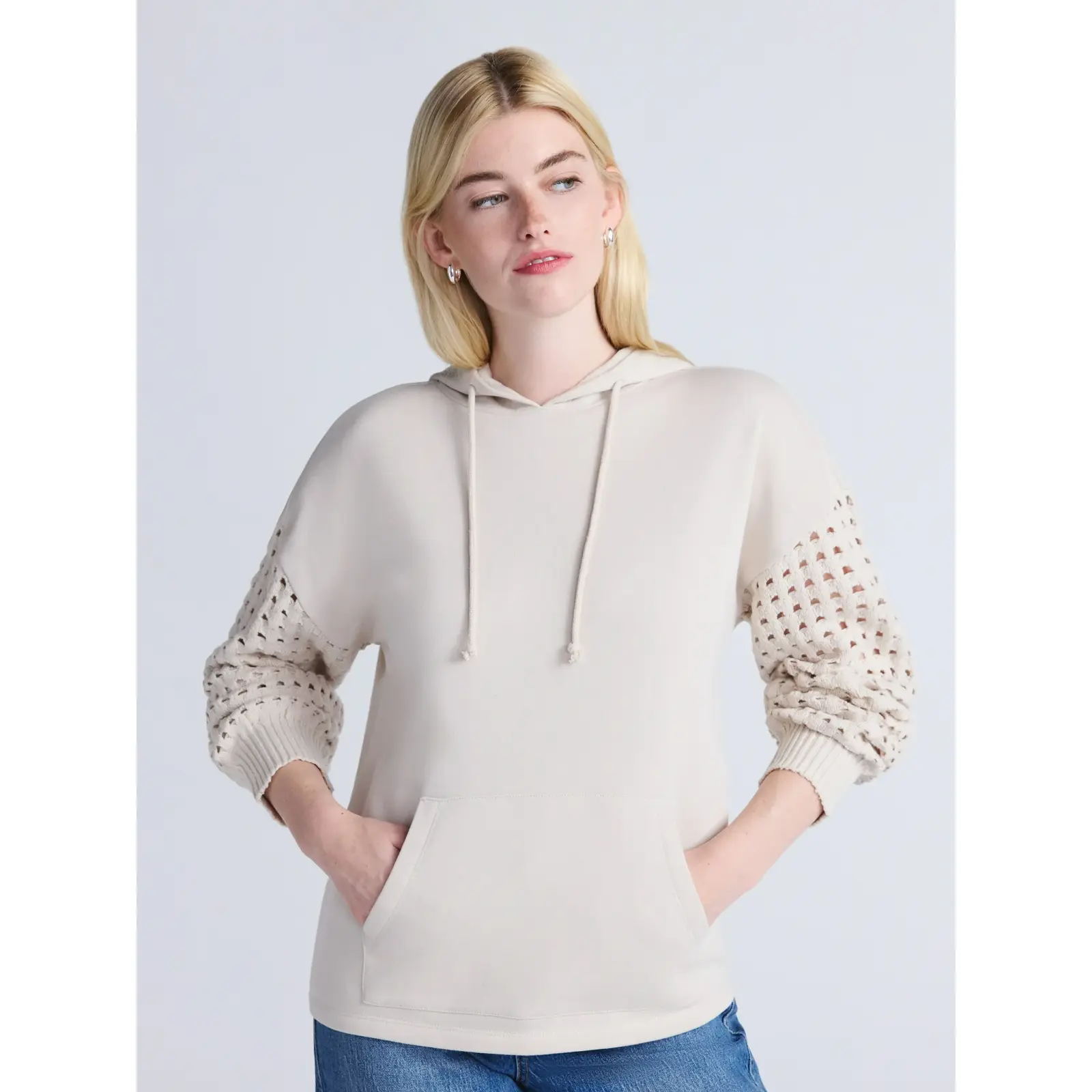 Time and Tru Fleece Hoodie with Crochet Sleeves