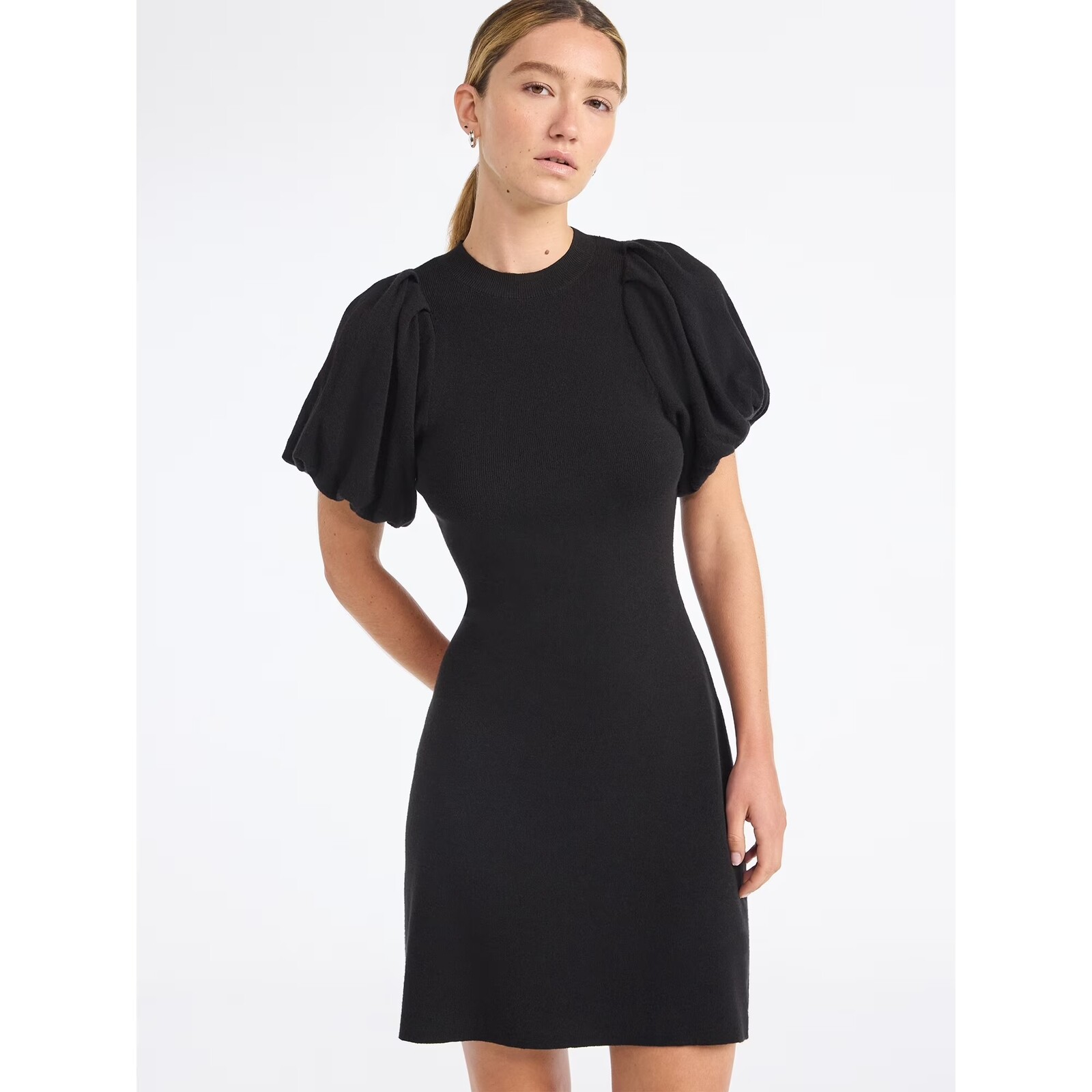 Scoop Sweater Dress with Puff Sleeves