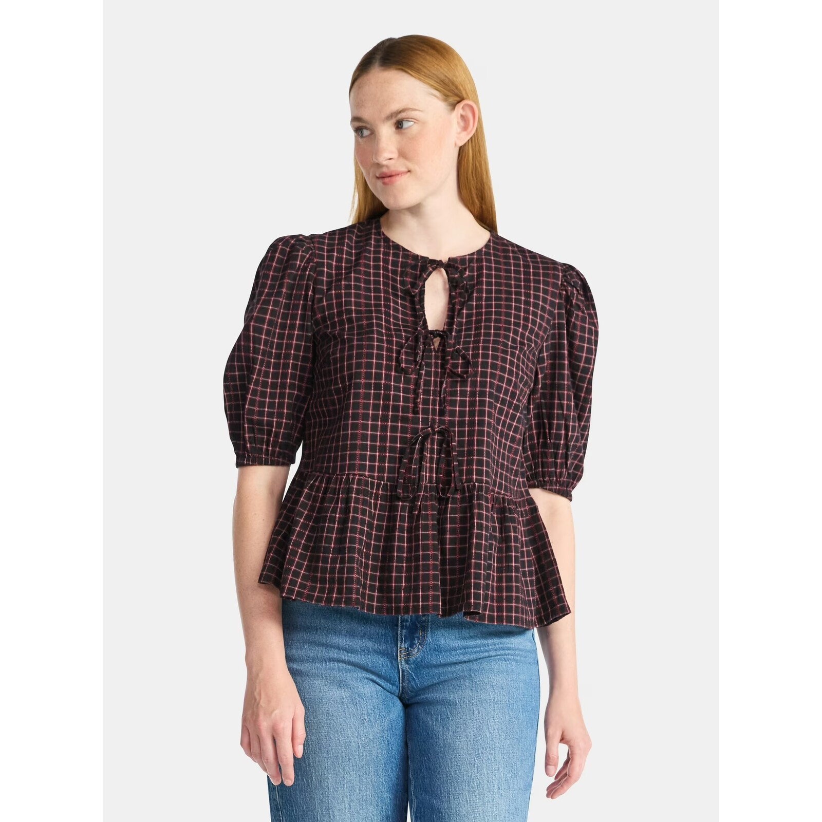 Time and Tru Tie Front Peplum Top with Short Puff Sleeves
