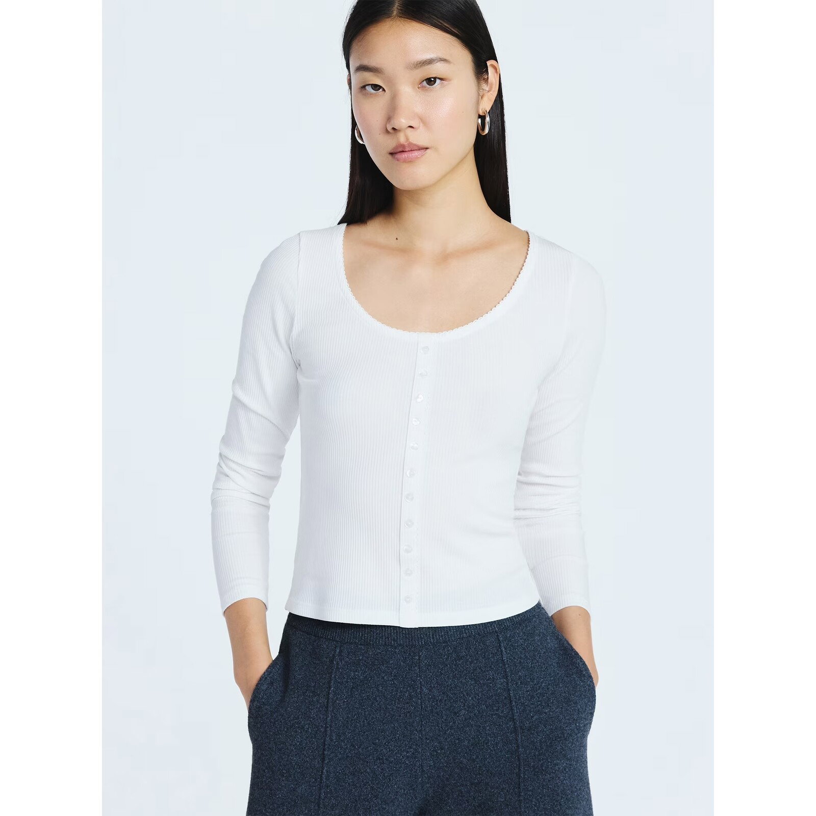 Scoop Lace Trim Scoop Neck Ribbed Tee with Long Sleeves