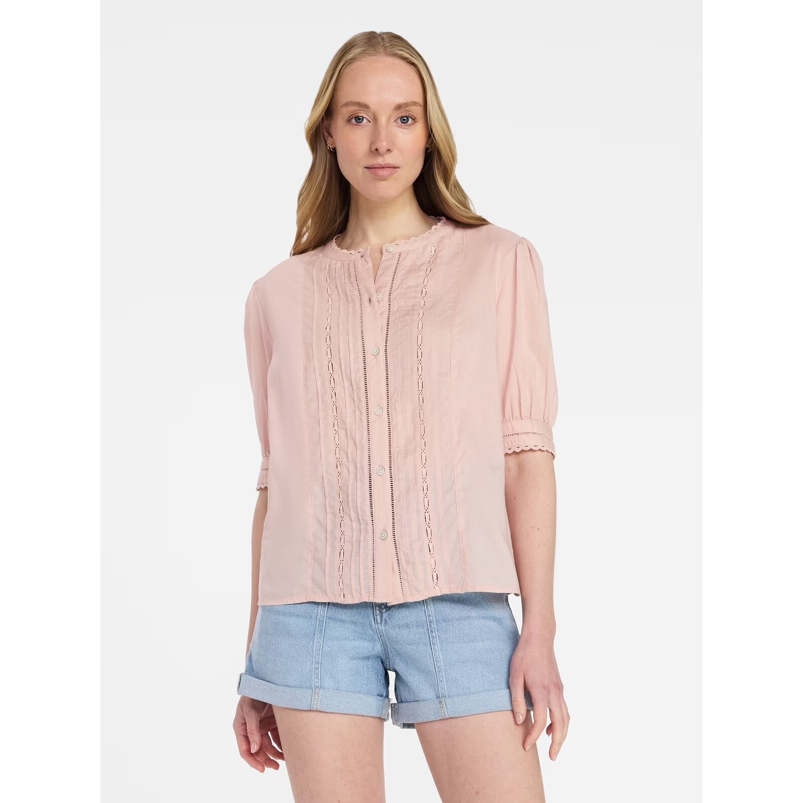 Time and Tru Lace Inset Blouse with Elbow Length Sleeves