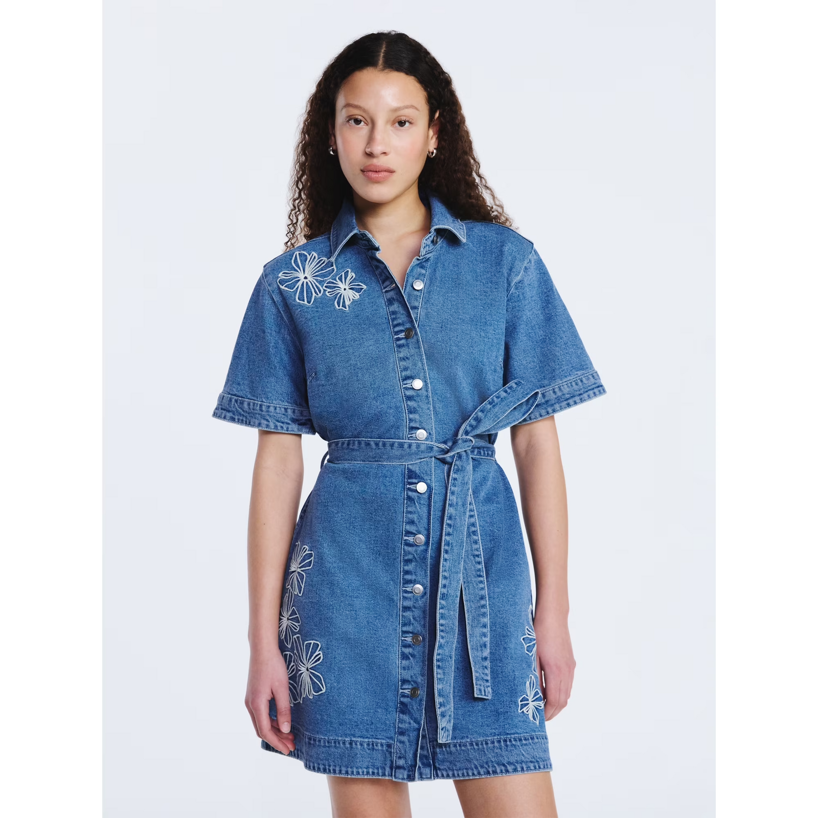 Free Assembly Embroidered Denim Mini Shirtdress