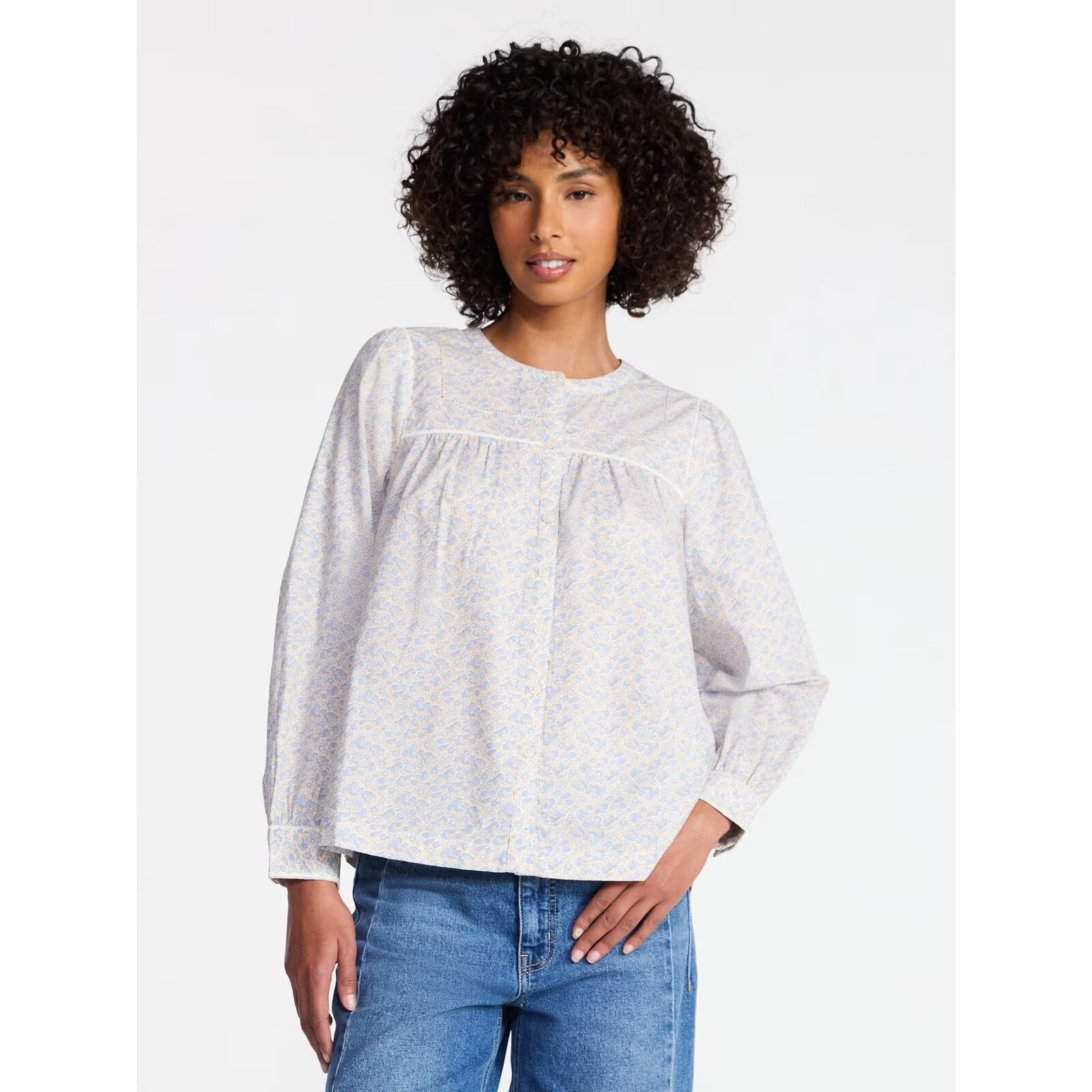 Time and Tru Embroidered Cotton Long Sleeve Button Front Shirt