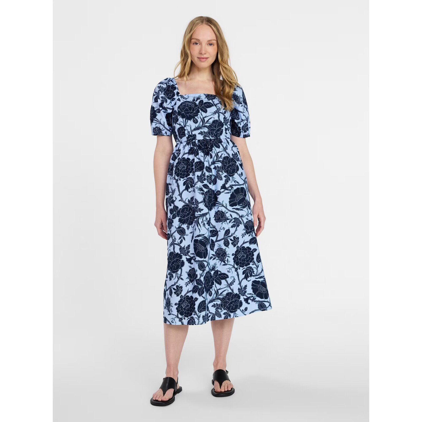 Time and Tru Cotton Tie Back Midi Dress with Short Puff Sleeves