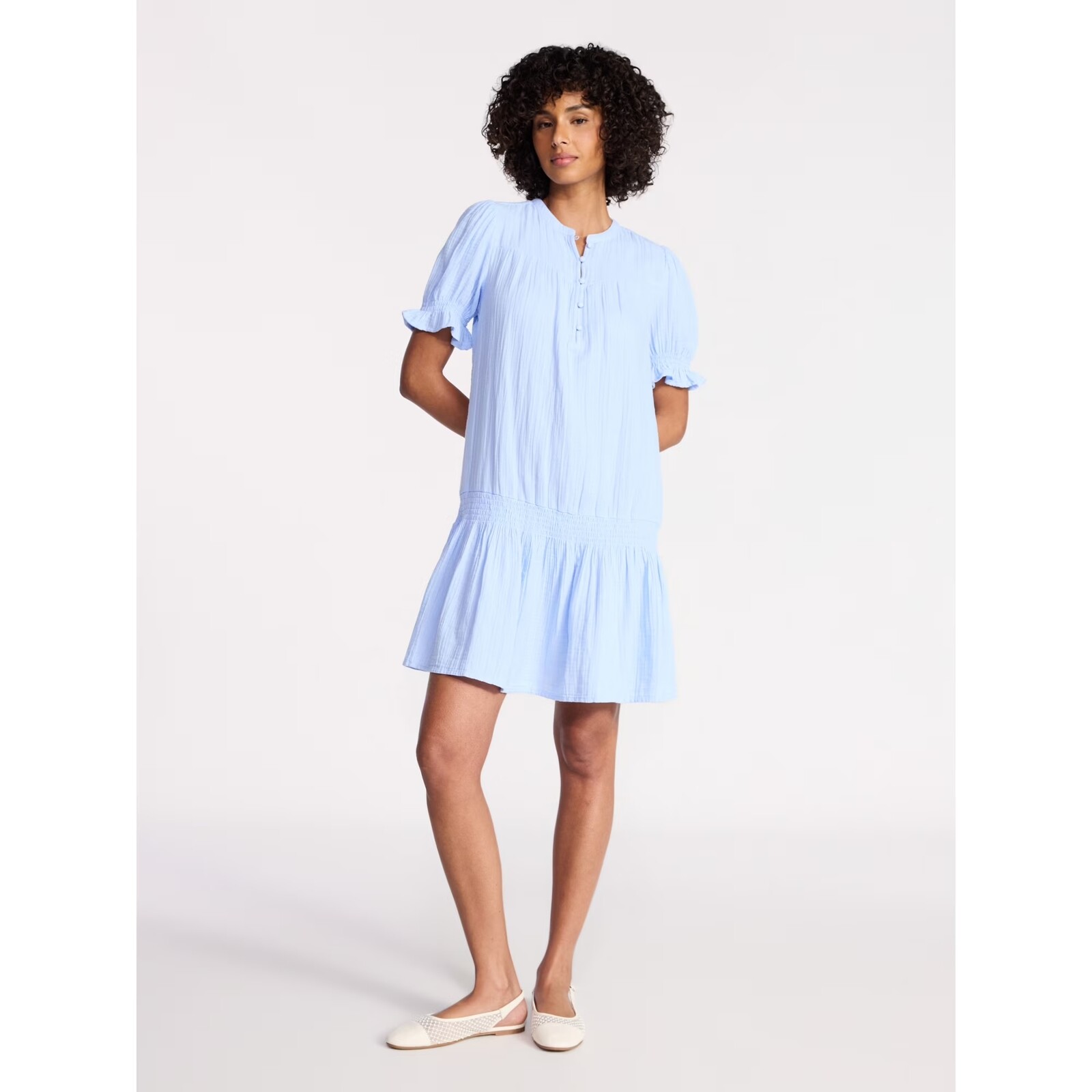 Time and Tru Cotton Double Cloth Mini Dress with Drop Waist
