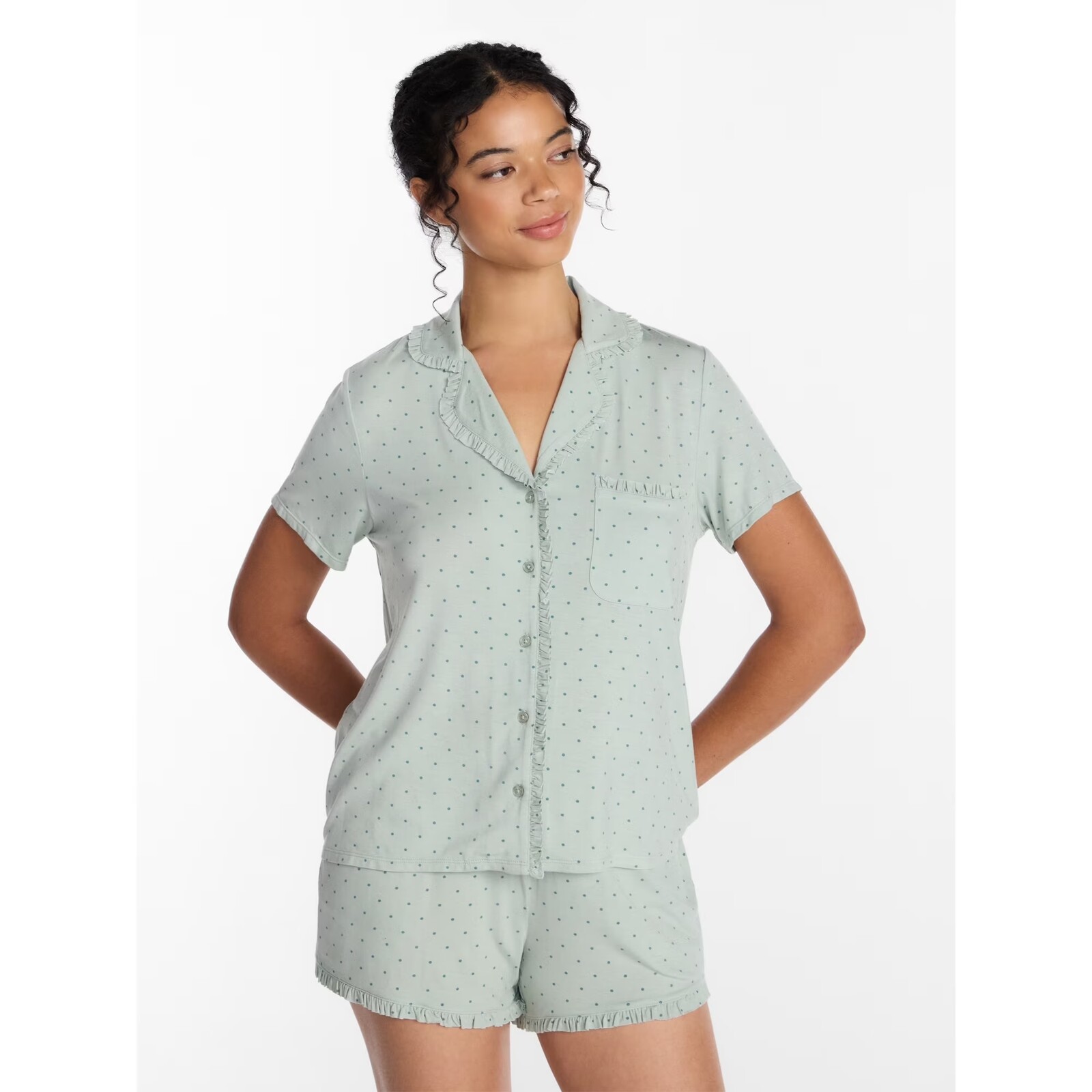 Joyspun Ruffle Trim Notch Collar Top and Shorts Pajama Set