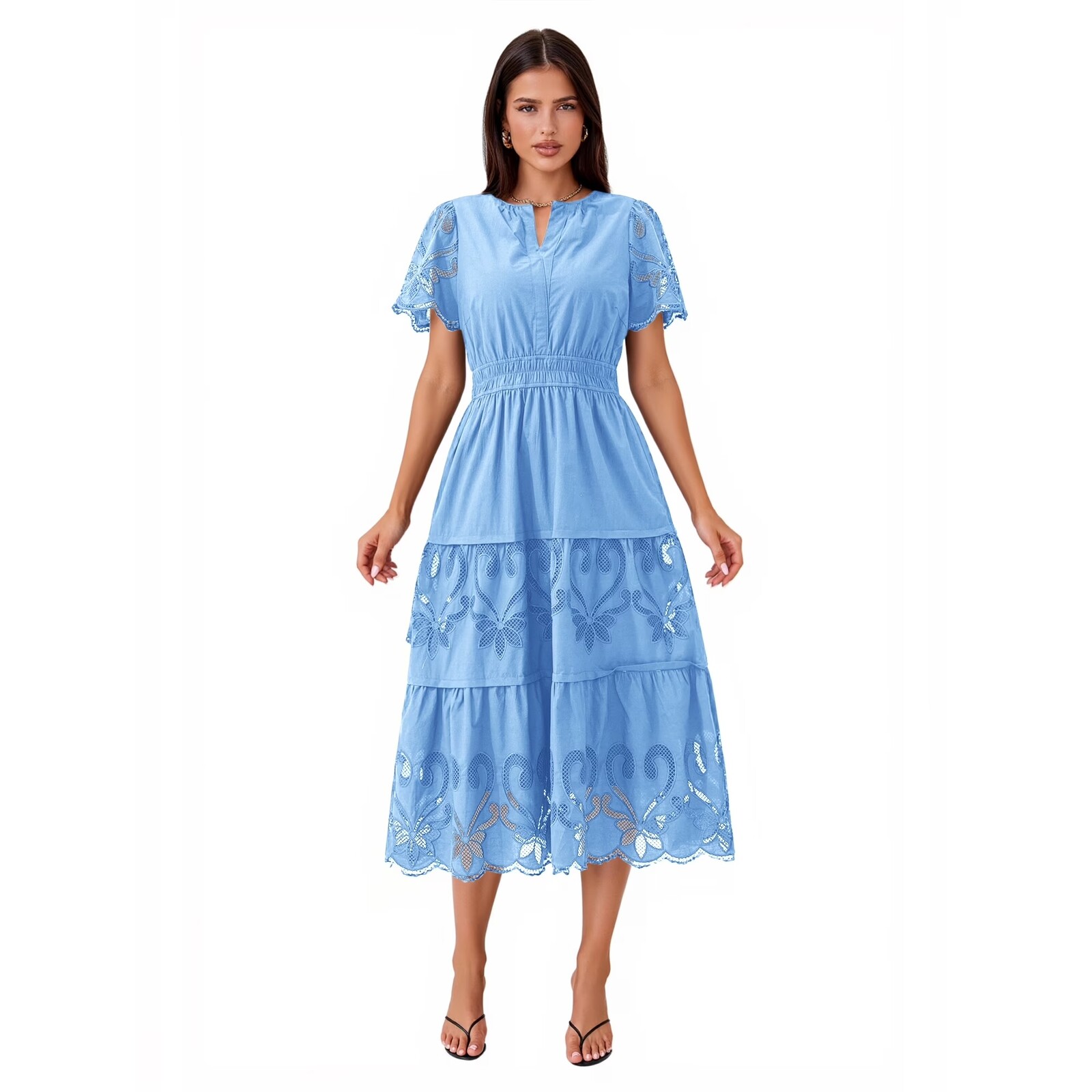 PRETTYGARDEN Embroidered V-Neck Midi Dress