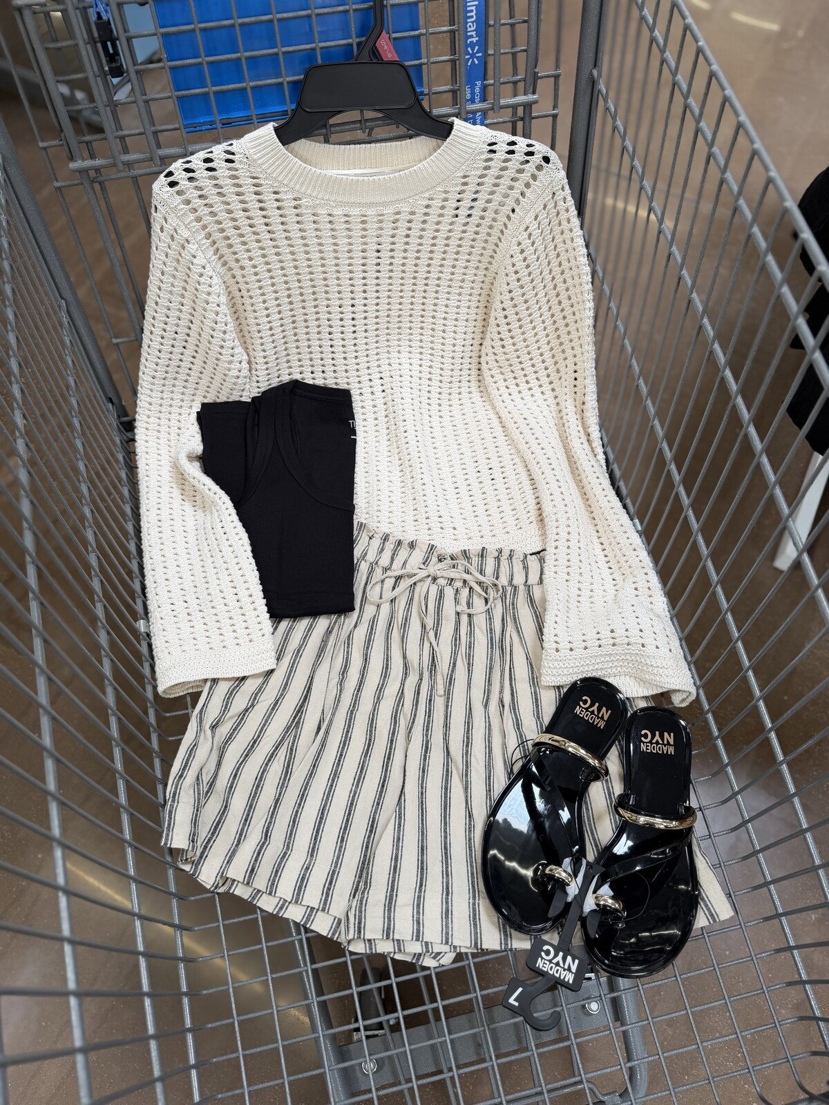 Time and Tru Textured Sweater & Linen Blend Shorts Outfit
