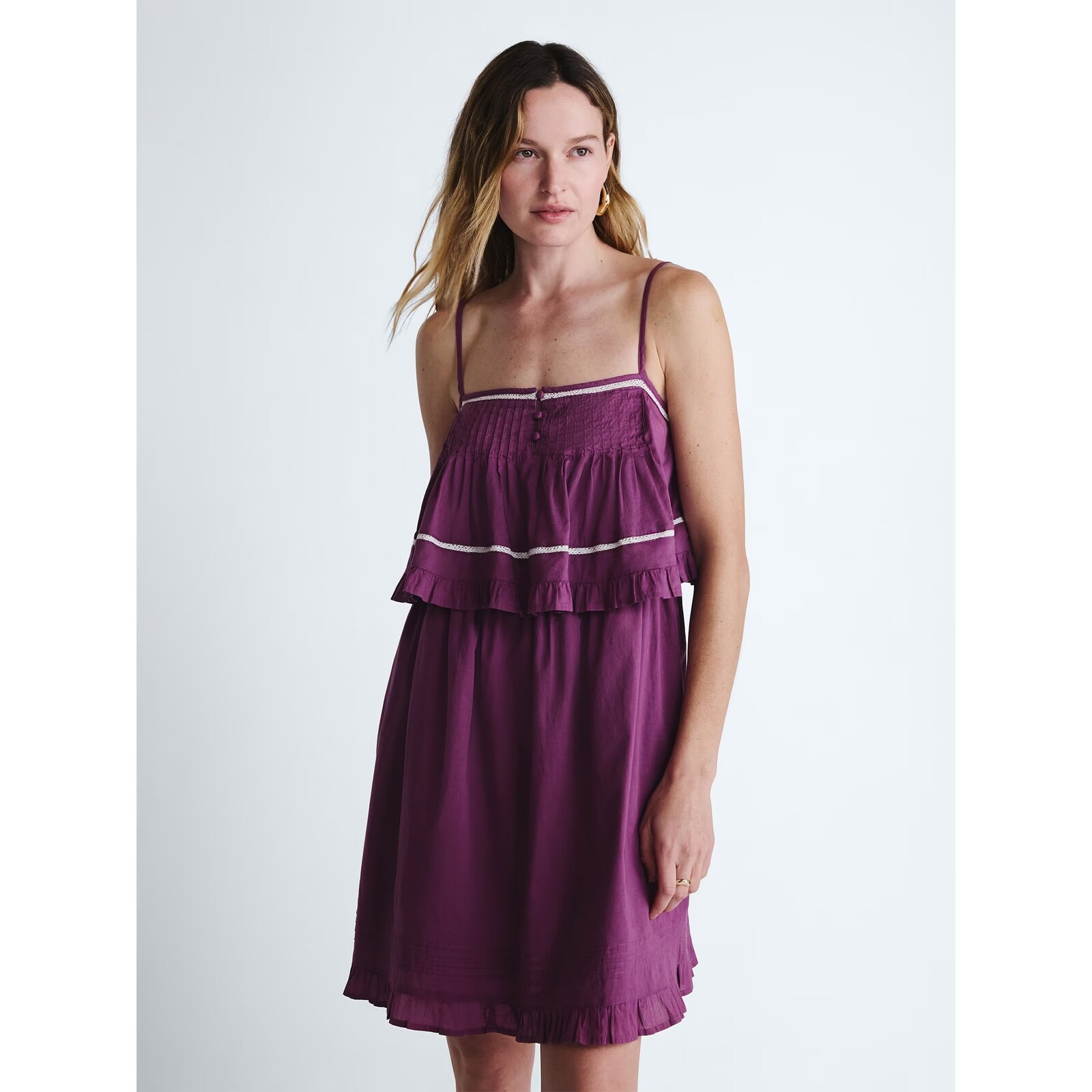 Scoop Flowy Cotton Mini Dress with Lace Trim