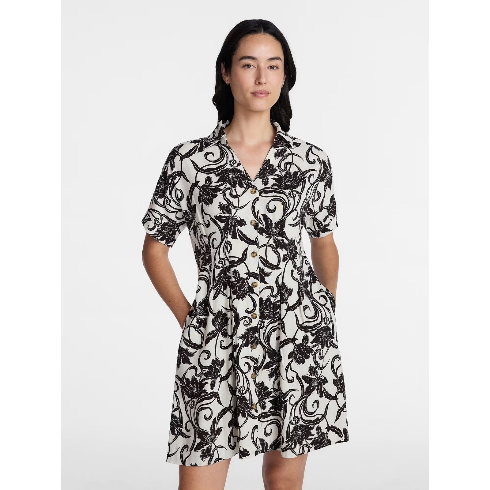 Time and Tru Linen Blend Pleated Waist Shirt Dress