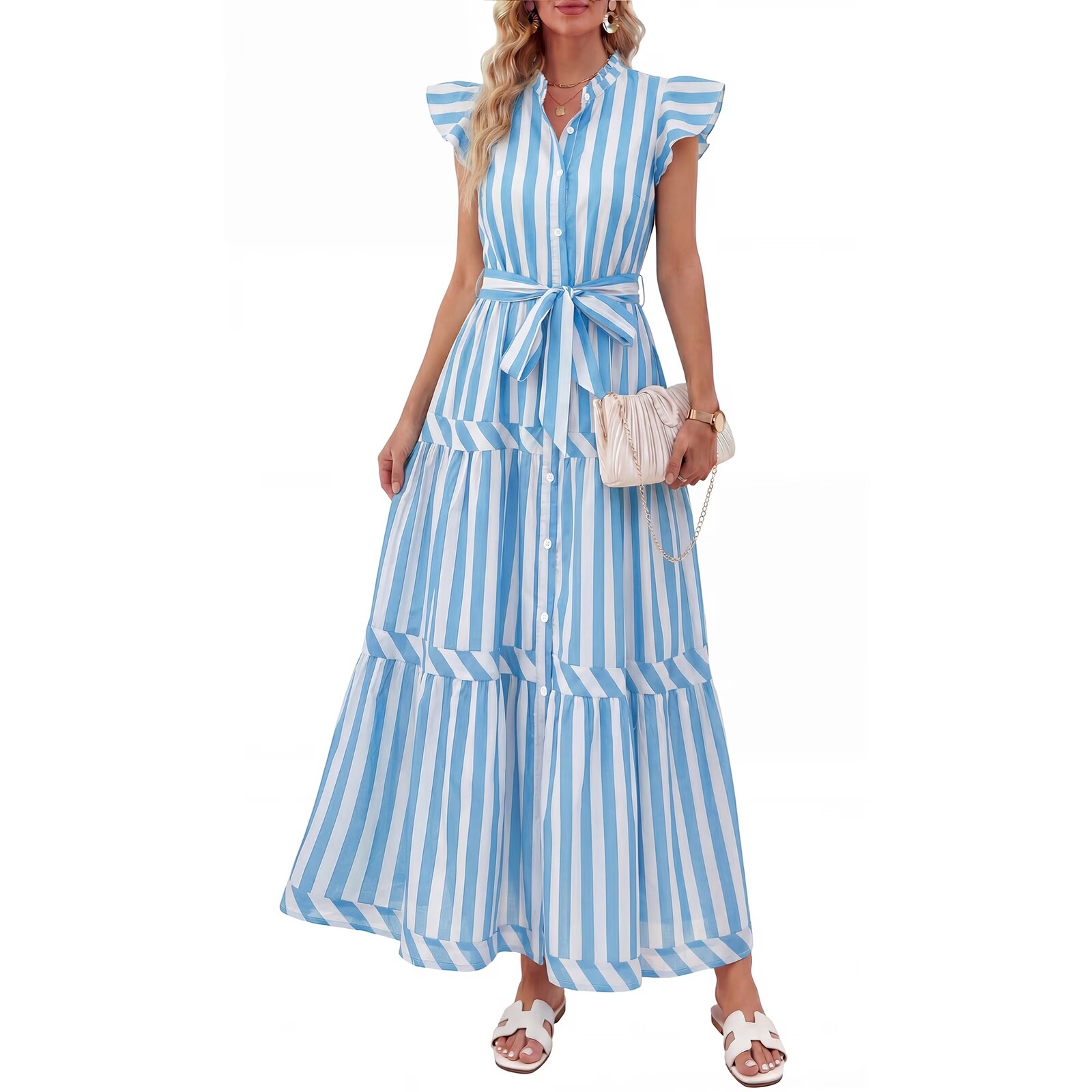 Pretty Garden Striped Belted Dress