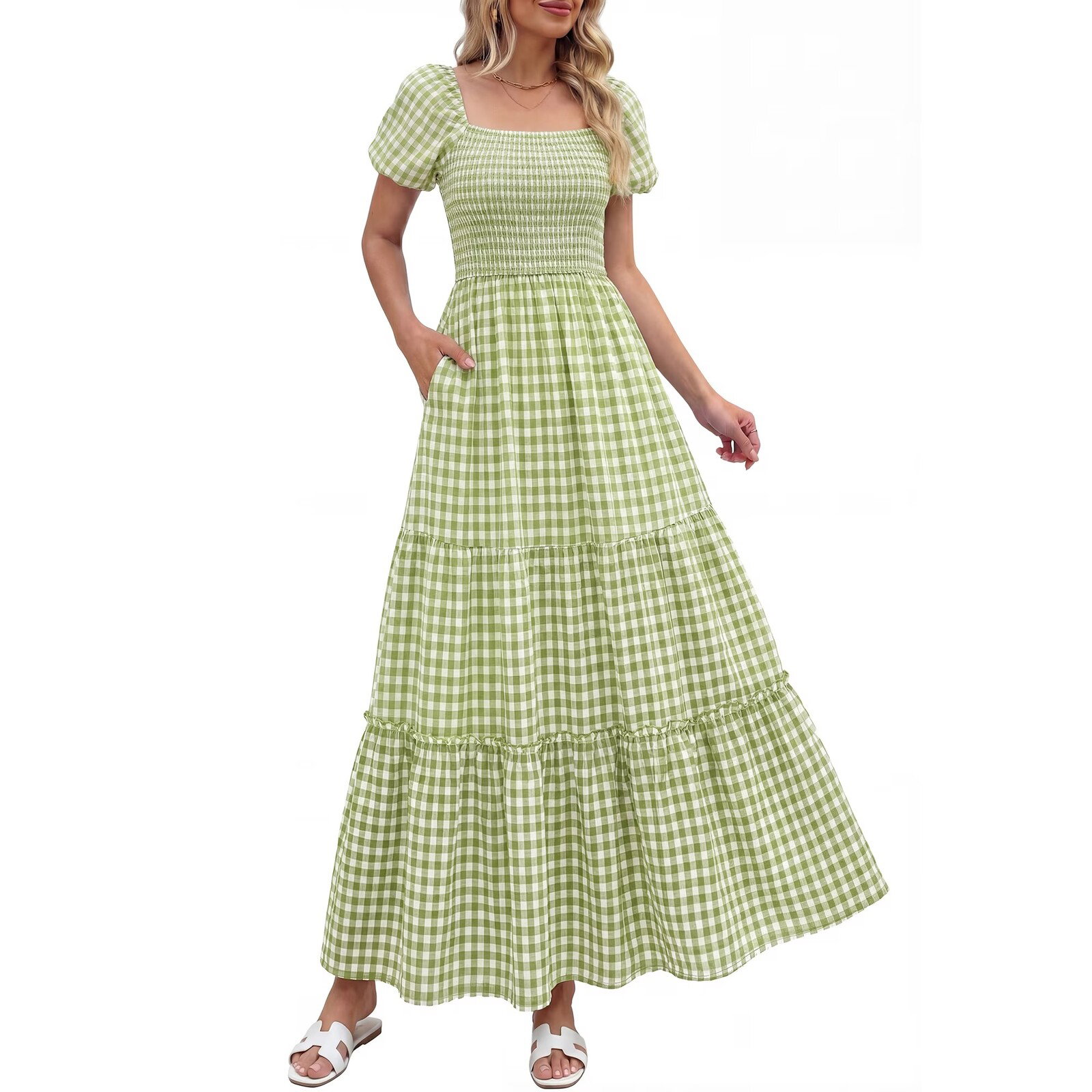 Pretty Garden Puff Sleeve Gingham Dress