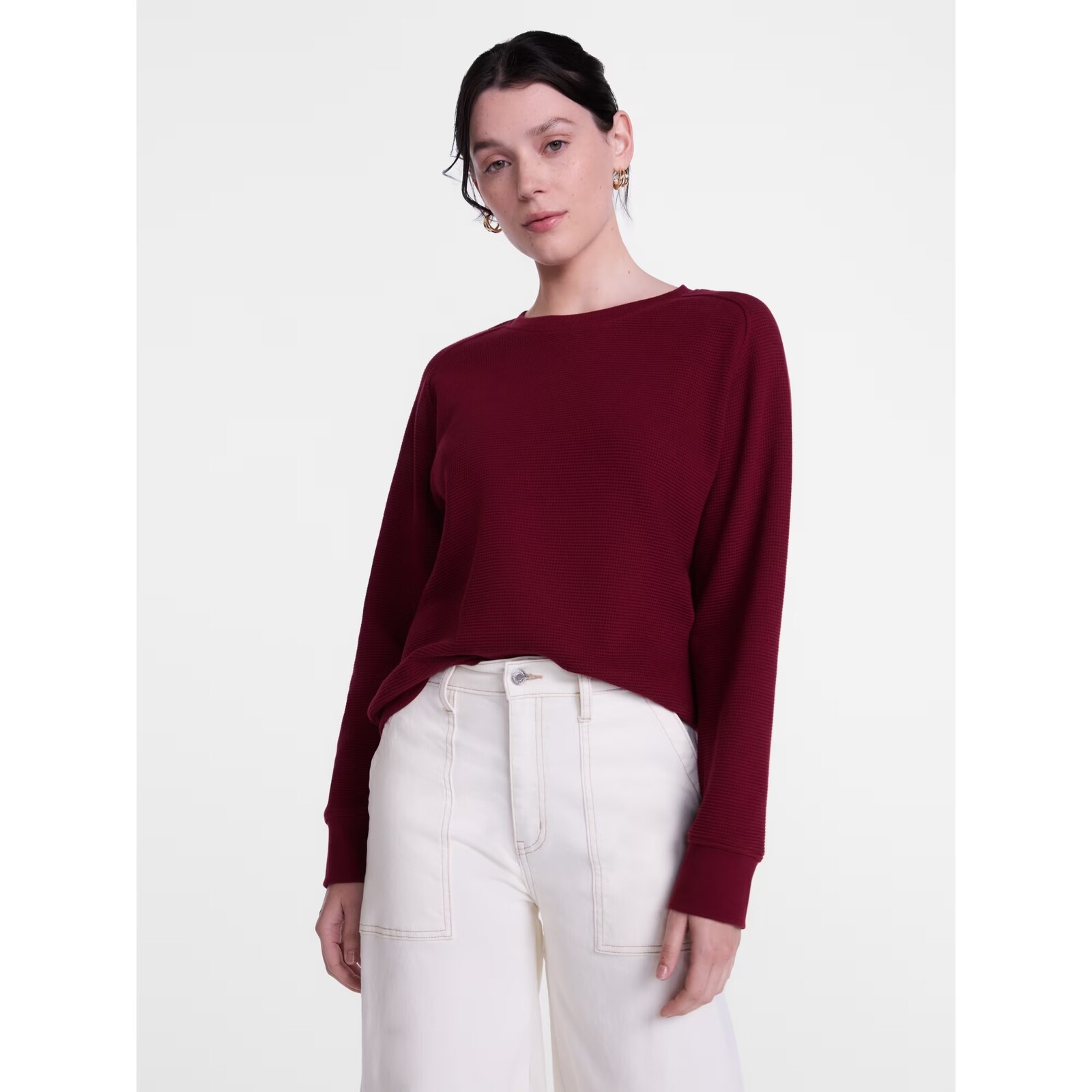Scenario Waffle Knit Crewneck Tee with Long Sleeves