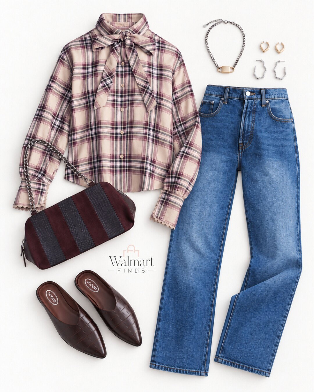Scoop Plaid Bow Shirt Outfit Idea