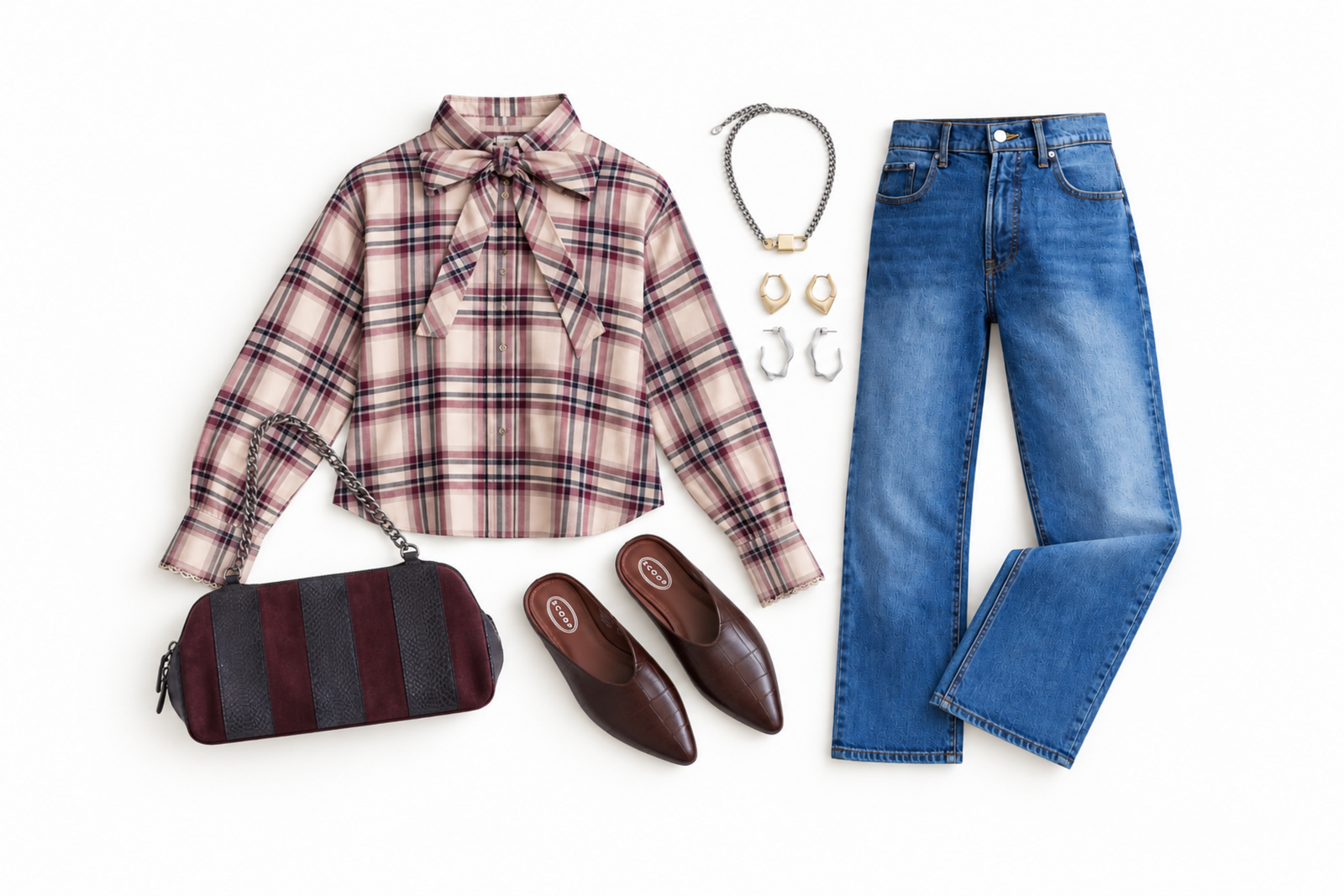 Scoop Plaid Bow Shirt Outfit Idea