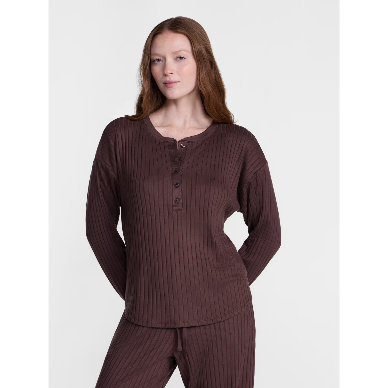 Joyspun Cozy Lounge Collection Hacci Long Sleeve Henley Sleep Top