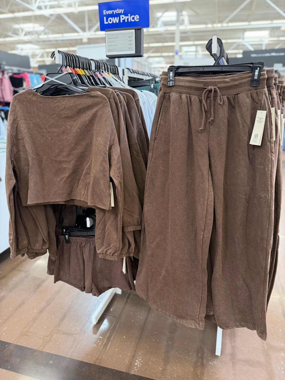 No Boundaries mineral wash off-the-shoulder sweatshirt and fleece barrel leg pants matching set in brown at Walmart