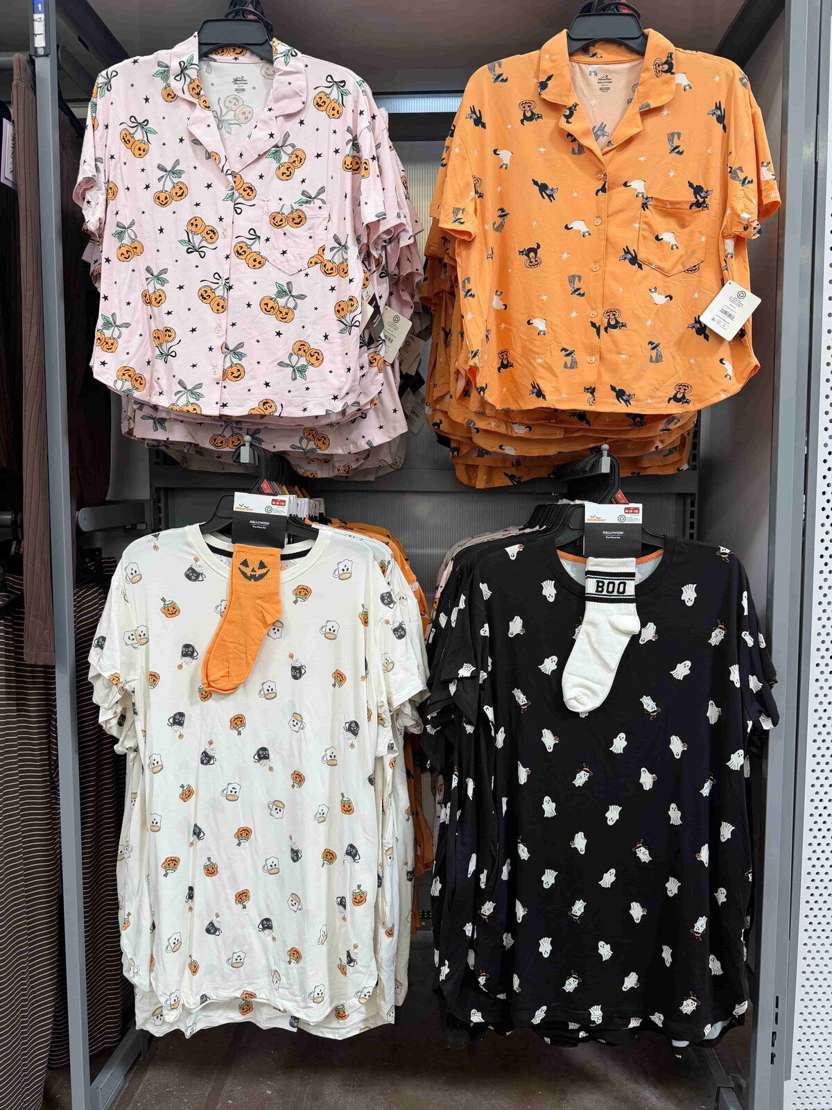 Way To Celebrate Halloween pajama sets and sleepshirts with socks in pink, orange, white and black Halloween prints at Walmart