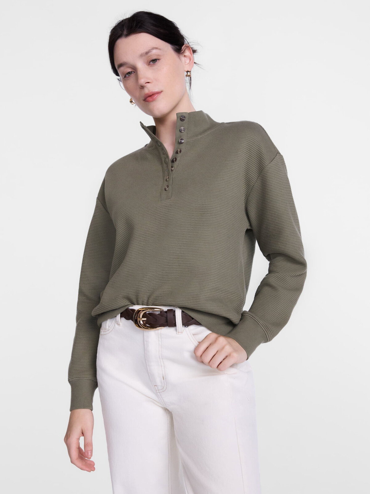 Scenario waffle knit button top with long sleeves in Heritage Olive at Walmart